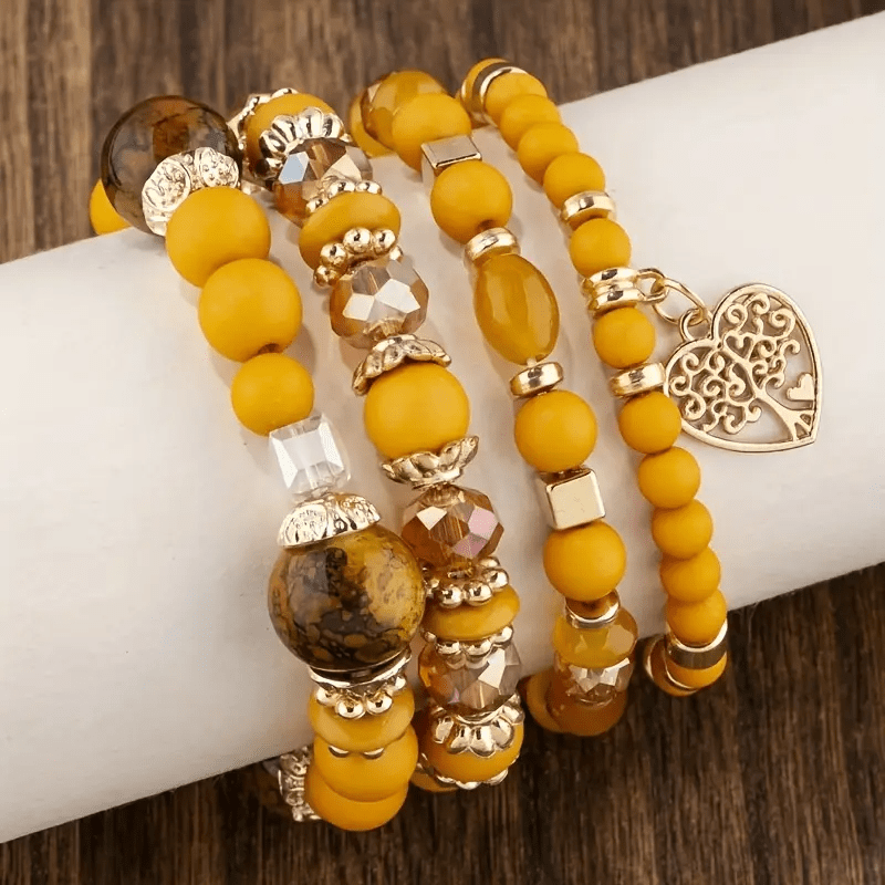 TEMU Bohemian Handcrafted Beaded Stackable Heart Charm Acrylic Bead Bracelet Set - Vintage Boho, Synthetic December Birthstone, Party &