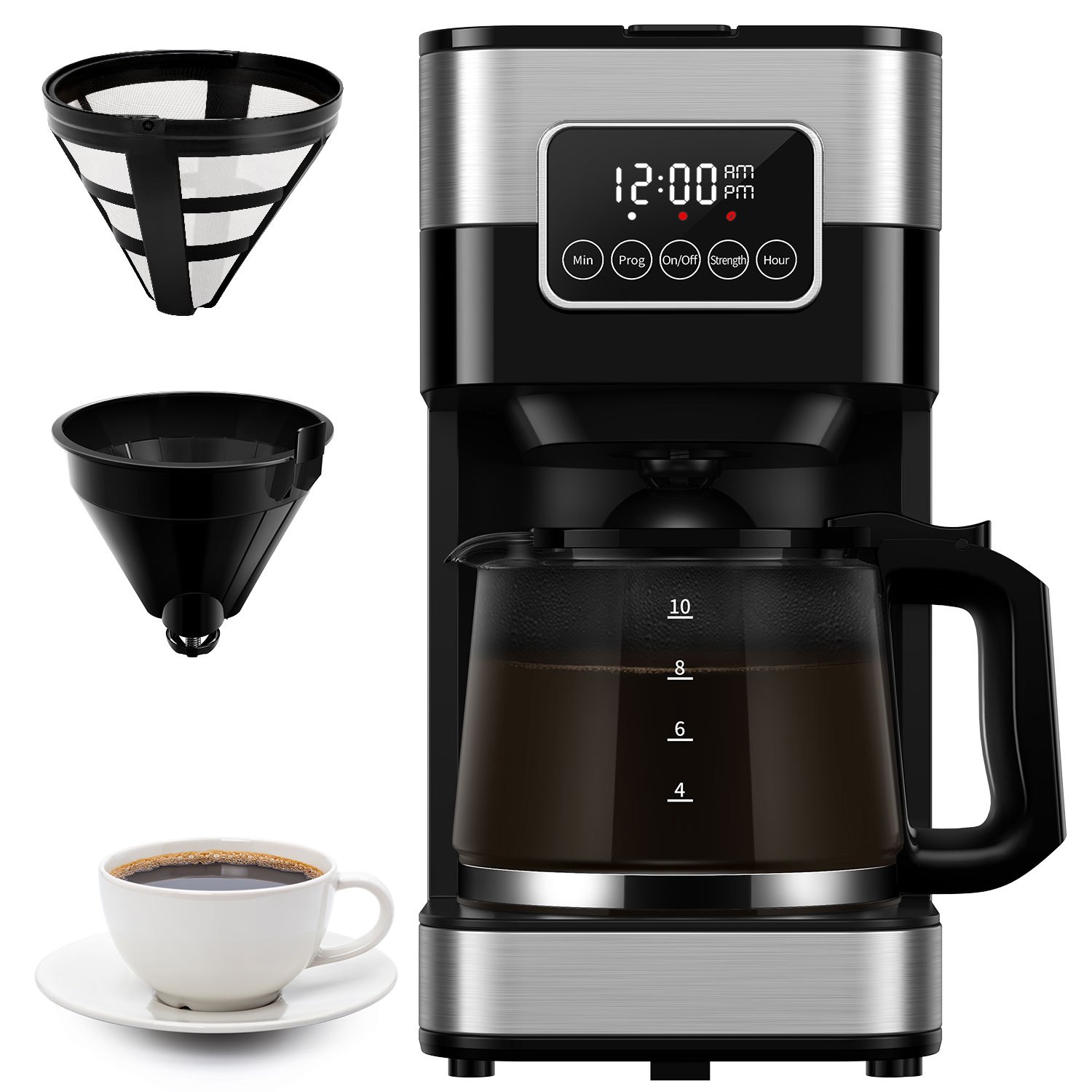 TEMU 10-cup Programmable Drip Coffee Maker With Touch-screen, Pause & Serve, Stainless Steel, Black.