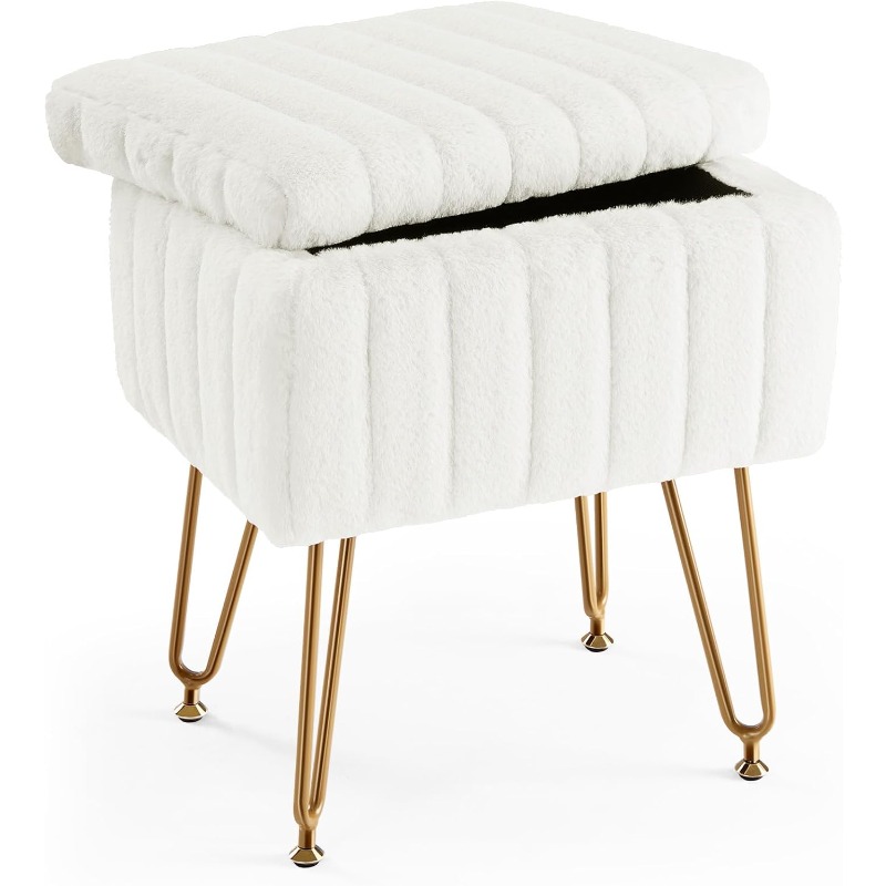 Tabouret Rangement Fausse Fourrure ABHENG - Pouf Maquillage 32x32x44cm Gris Tourterelle