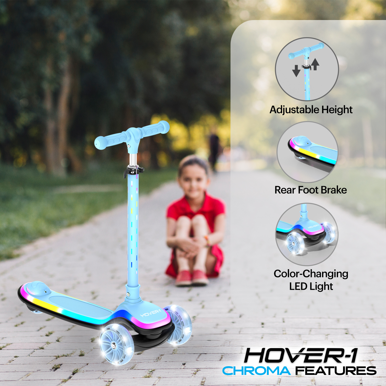Hover-1 Chroma Folding Kick Scooter for Kids with Multicolor Wheel Lights, 3” Front Wheels, Rear Foot Brake, and 110 LB Weight Capacity