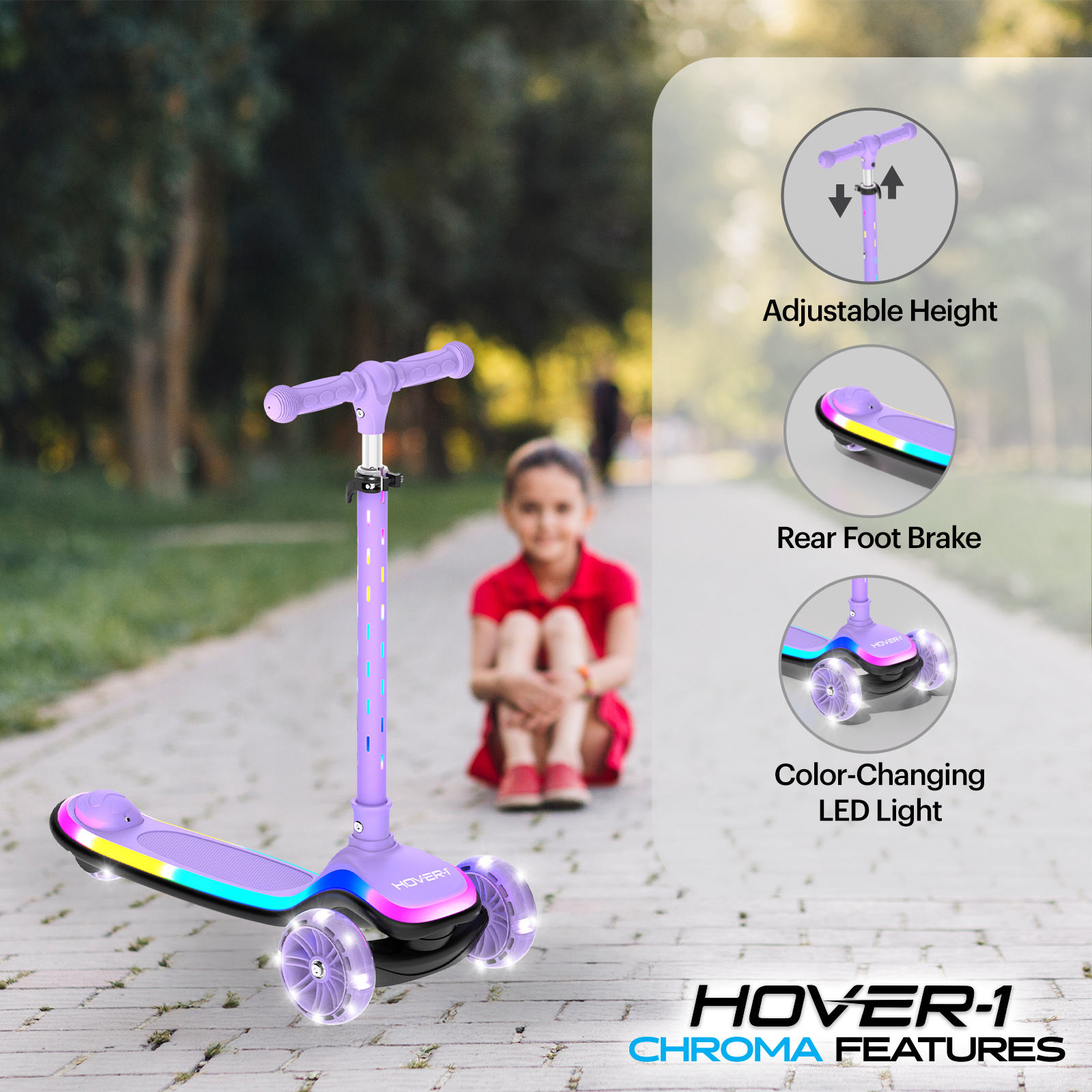 Hover-1 Chroma Folding Kick Scooter for Kids with Multicolor Wheel Lights, 3” Front Wheels, Rear Foot Brake, and 110 LB Weight Capacity