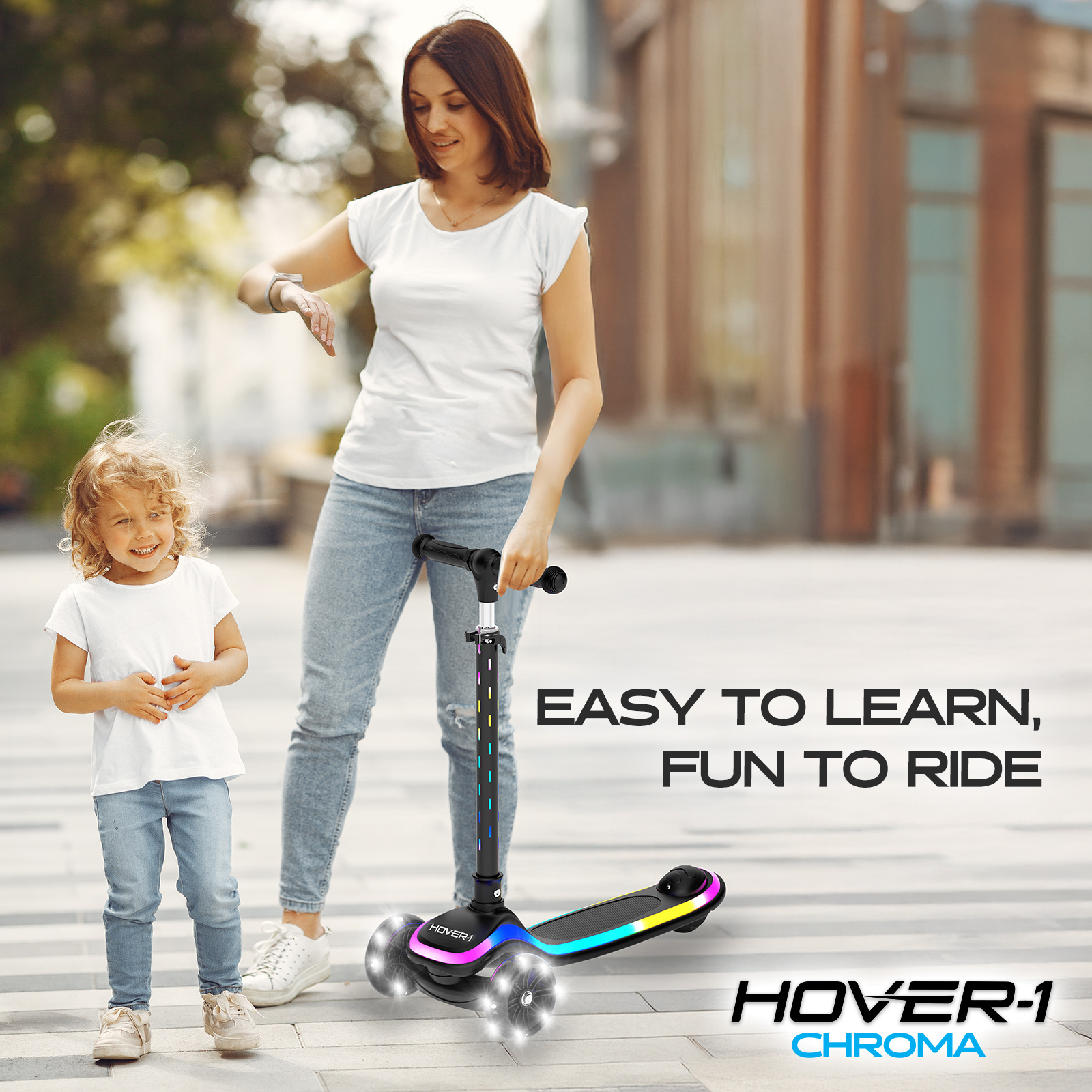 Hover-1 Chroma Folding Kick Scooter for Kids with Multicolor Wheel Lights, 3” Front Wheels, Rear Foot Brake, and 110 LB Weight Capacity