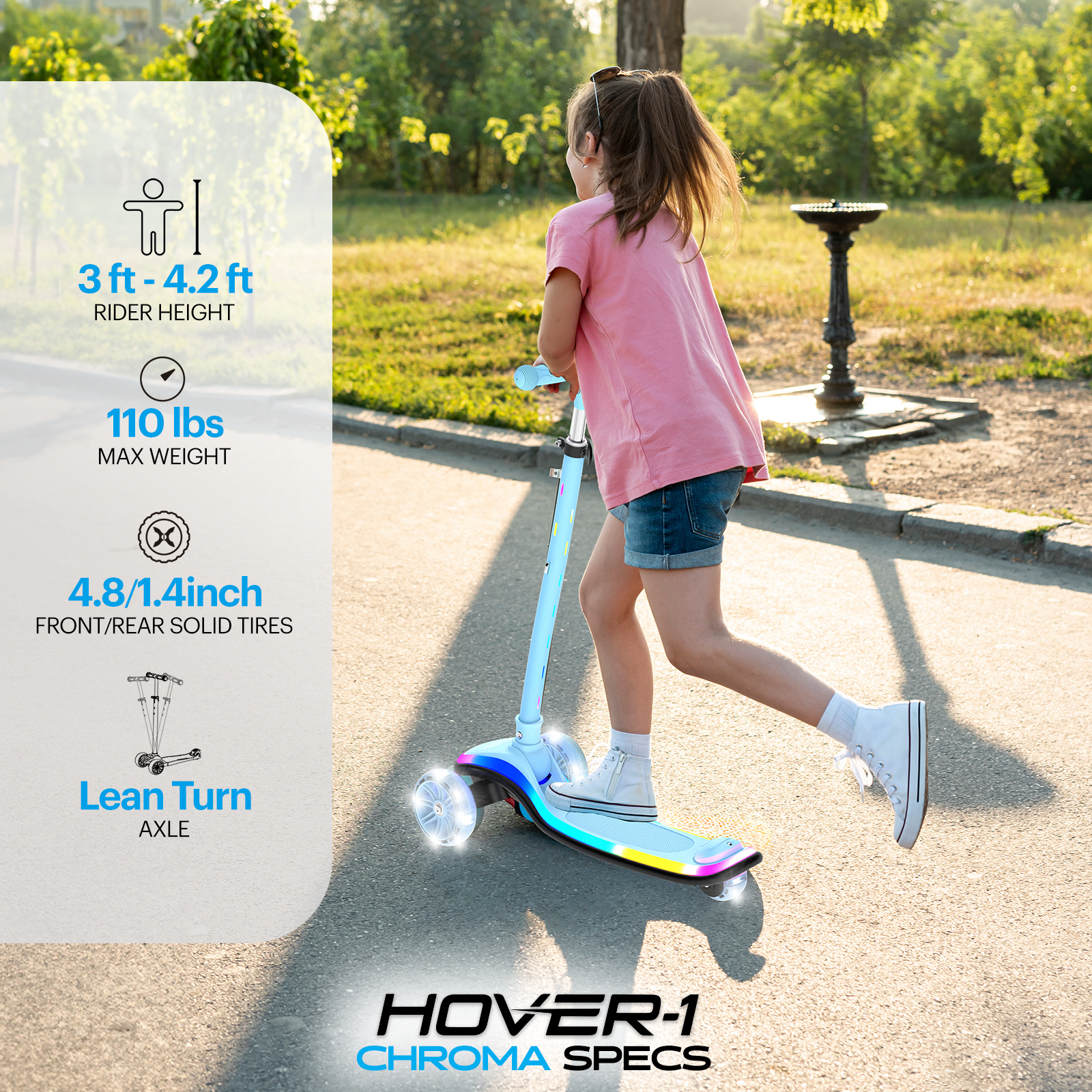 Hover-1 Chroma Folding Kick Scooter for Kids with Multicolor Wheel Lights, 3” Front Wheels, Rear Foot Brake, and 110 LB Weight Capacity