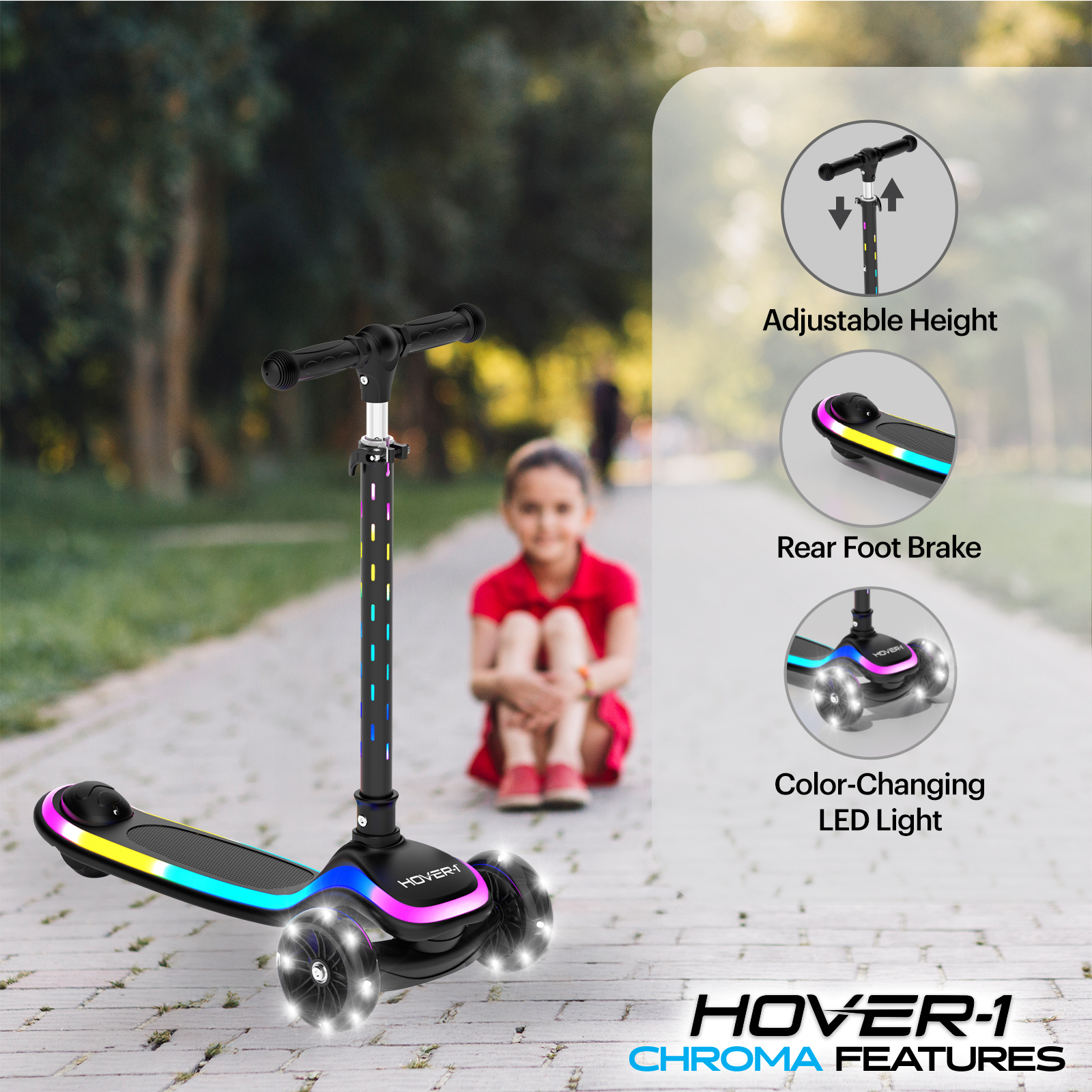 Hover-1 Chroma Folding Kick Scooter for Kids with Multicolor Wheel Lights, 3” Front Wheels, Rear Foot Brake, and 110 LB Weight Capacity