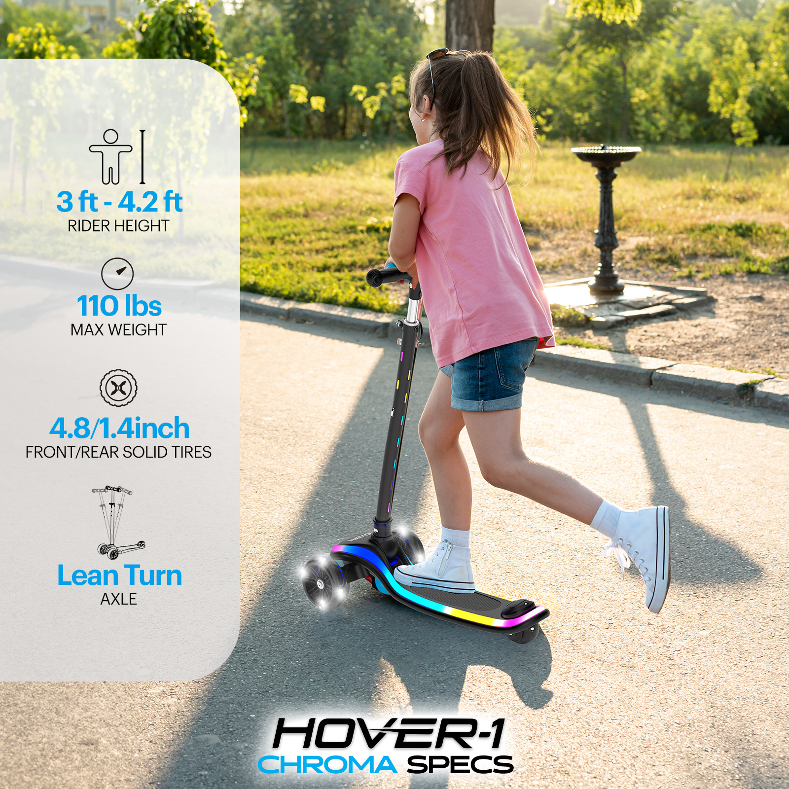 Hover-1 Chroma Folding Kick Scooter for Kids with Multicolor Wheel Lights, 3” Front Wheels, Rear Foot Brake, and 110 LB Weight Capacity