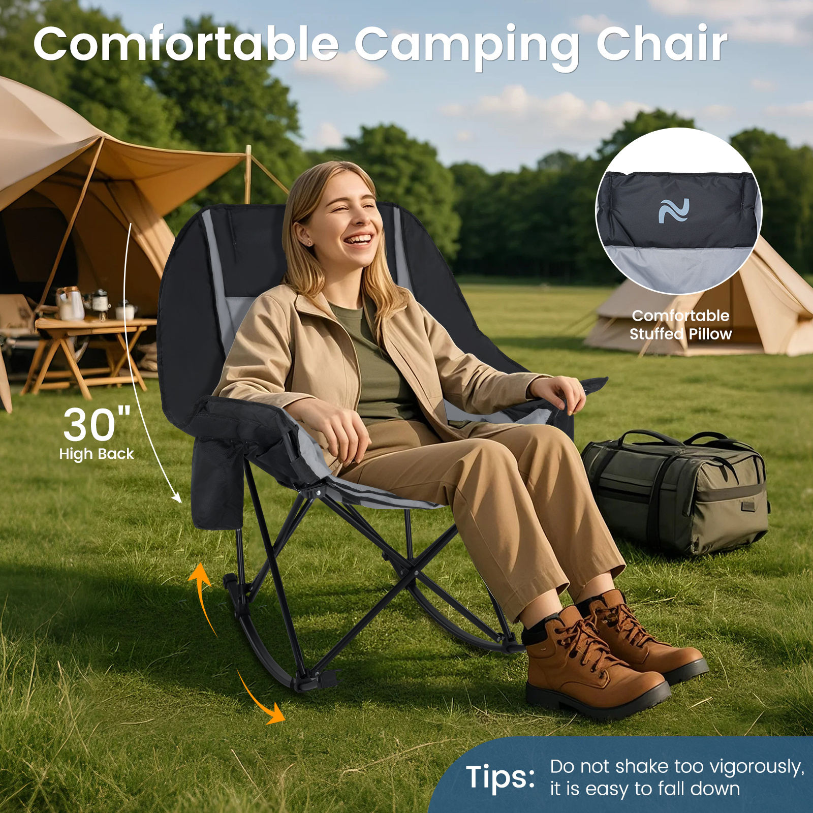 oversized fully padded patio chair with cooler bag and side pocket high back portable lawn recliner rocker chairs for camp patio supports 400 lbs Product details 3