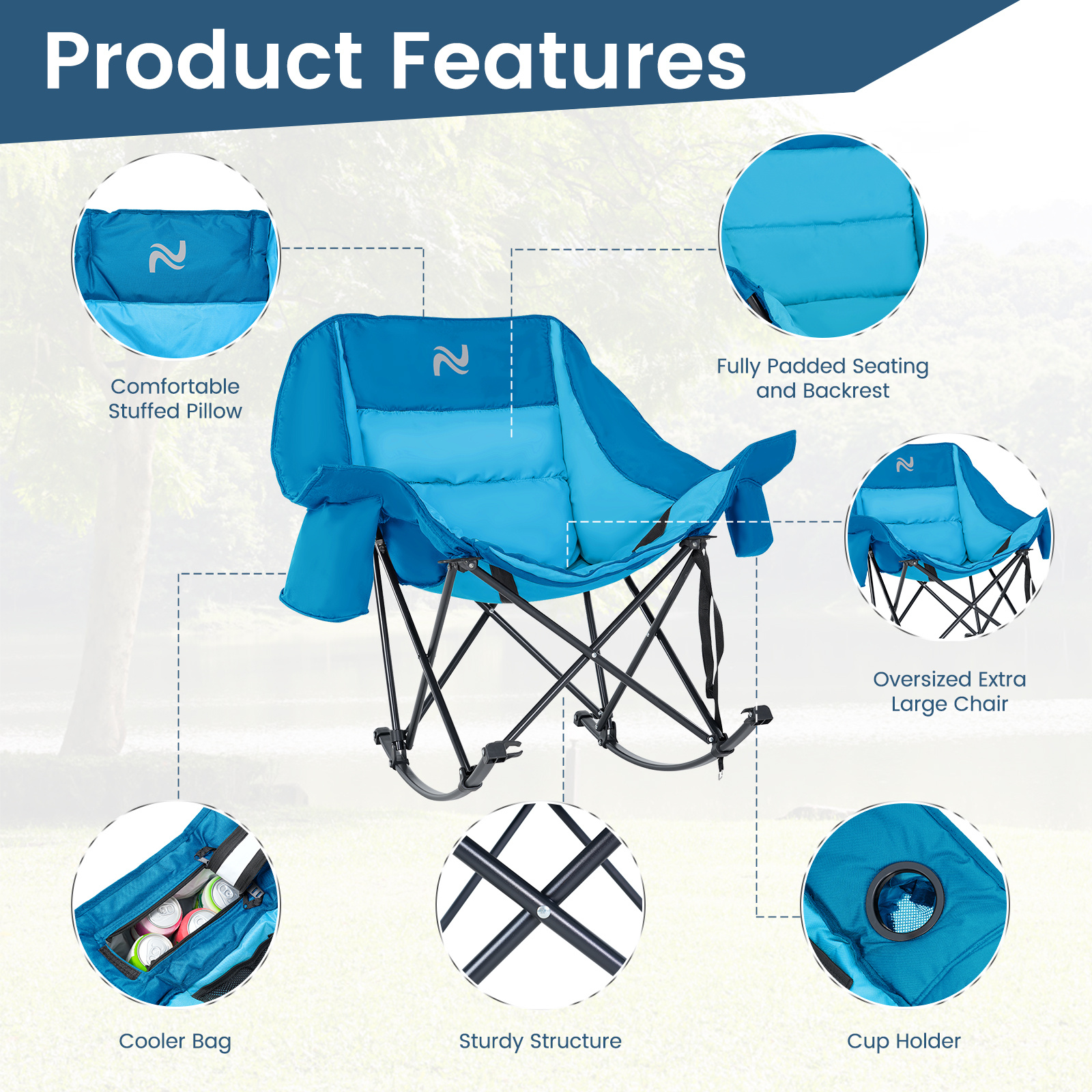 oversized fully padded patio chair with cooler bag and side pocket high back portable lawn recliner rocker chairs for camp patio supports 400 lbs Product details 12