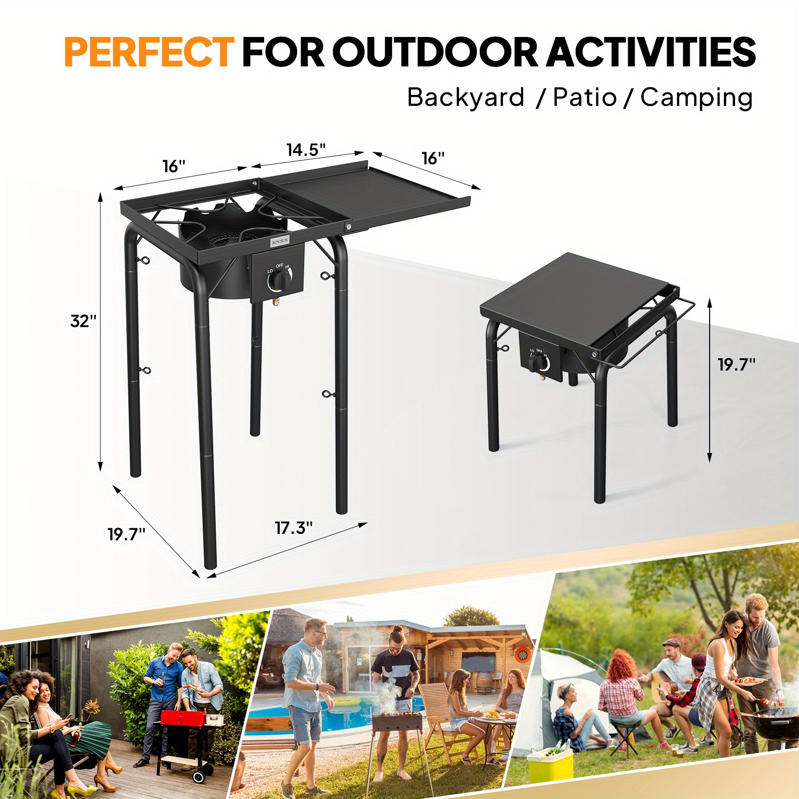 MEFFIR single burner, barbecue grill, outdoor oven, with side rack and handbag, 100, 000 BTU portable oven, with movable legs and regulator, for camping, home backyard cooking, brewing, canned Turkey frying