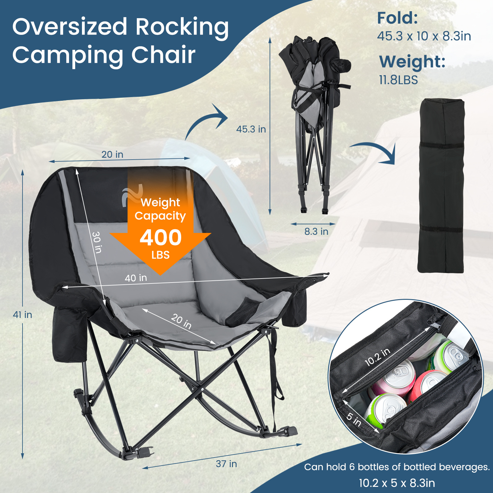 oversized fully padded patio chair with cooler bag and side pocket high back portable lawn recliner rocker chairs for camp patio supports 400 lbs Product details 0