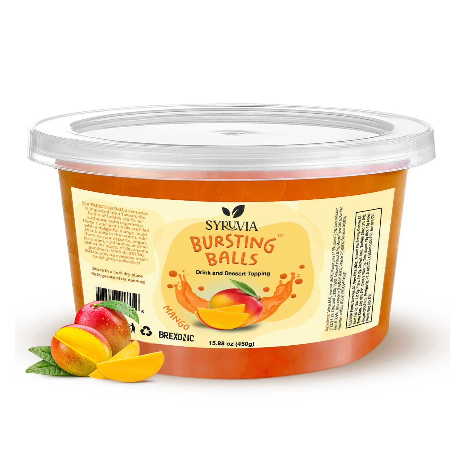 Syruvia Boba Pearls, Mango Popping Bursting Boba, Tapioca Pearls For Bubble Tea (Mango, 1 LB Pack of 1)