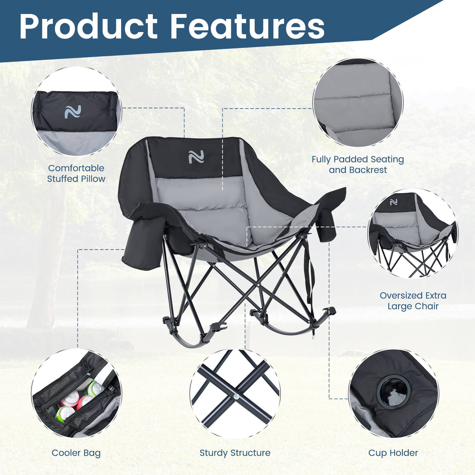 oversized fully padded patio chair with cooler bag and side pocket high back portable lawn recliner rocker chairs for camp patio supports 400 lbs Product details 8
