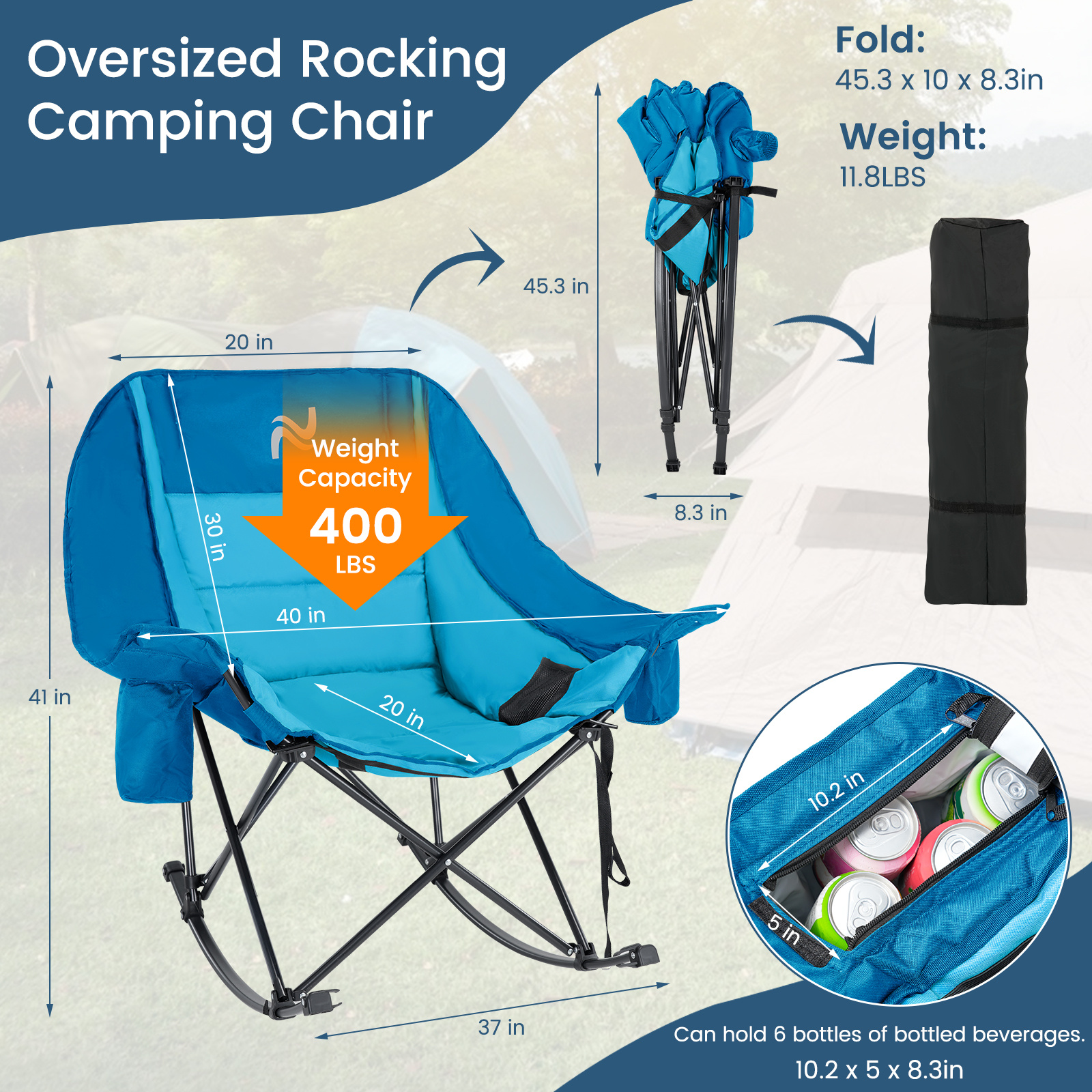oversized fully padded patio chair with cooler bag and side pocket high back portable lawn recliner rocker chairs for camp patio supports 400 lbs Product details 13