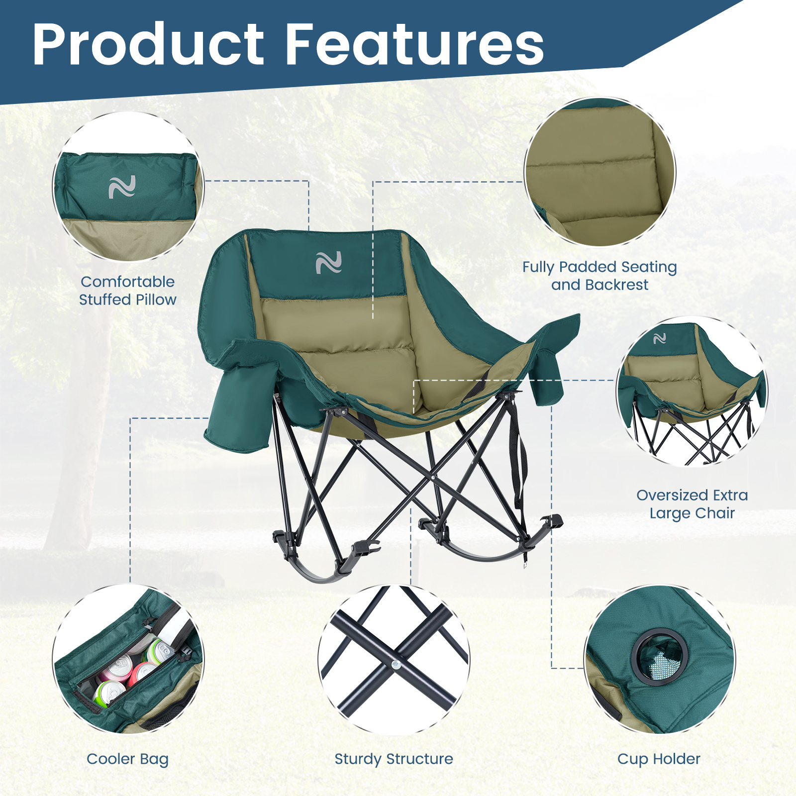 oversized fully padded patio chair with cooler bag and side pocket high back portable lawn recliner rocker chairs for camp patio supports 400 lbs Product details 21