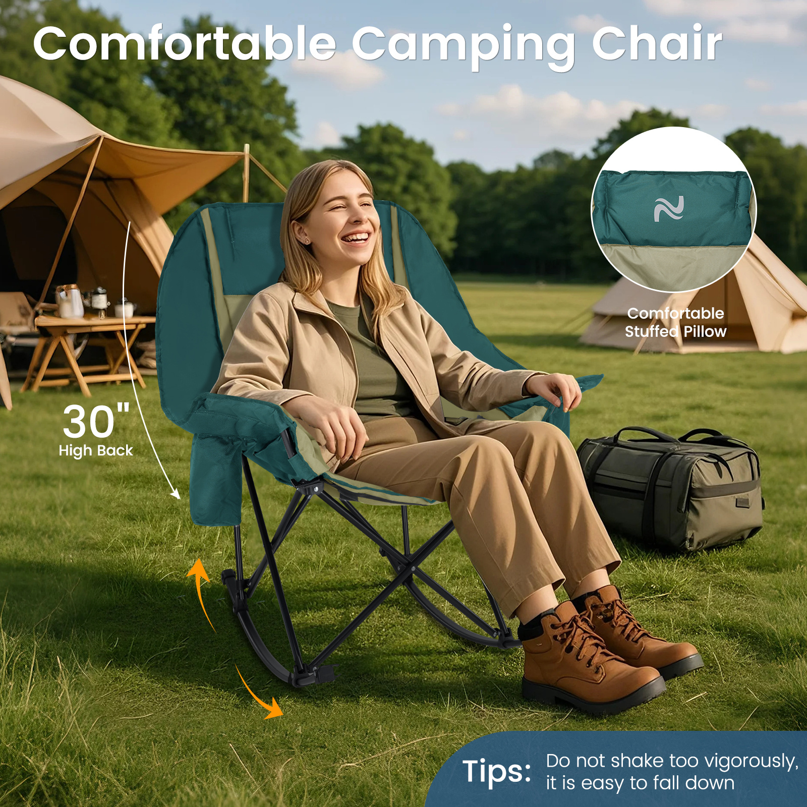 oversized fully padded patio chair with cooler bag and side pocket high back portable lawn recliner rocker chairs for camp patio supports 400 lbs Product details 20
