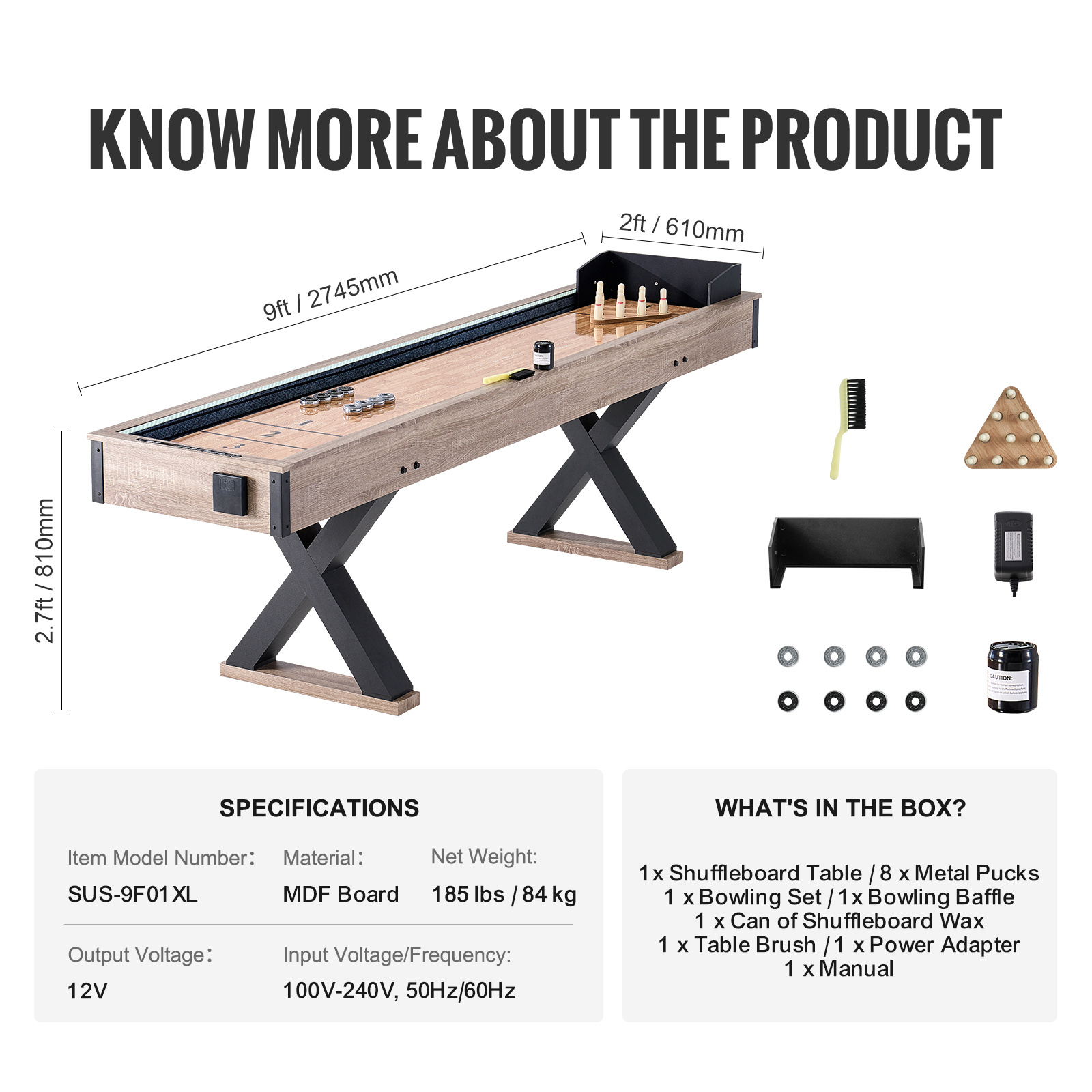 VEVOR 9 ft LED Shuffleboard Table 2 in 1 Shuffleboard and Bowling Combo Game Set