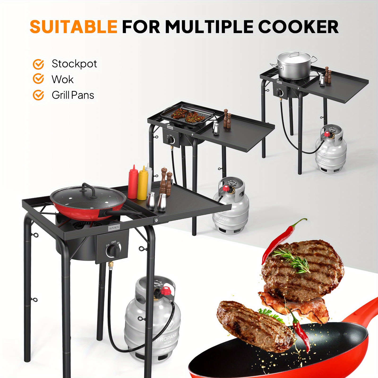 MEFFIR single burner, barbecue grill, outdoor oven, with side rack and handbag, 100, 000 BTU portable oven, with movable legs and regulator, for camping, home backyard cooking, brewing, canned Turkey frying