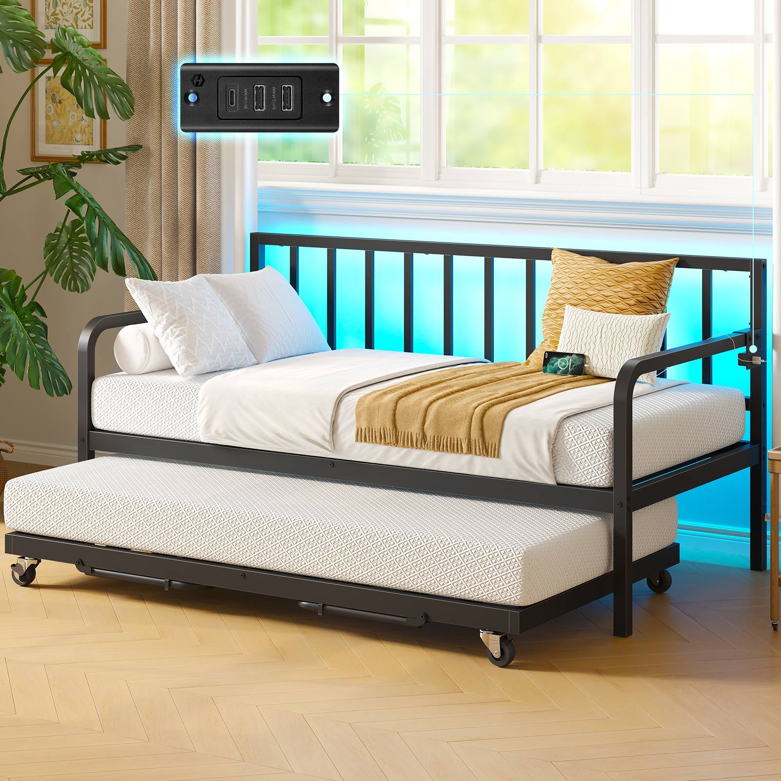 TEMU Twin Daybed With Backrest And Pop-up Trundle Set, Modern Black Frame &ndash; Daybed With Trundle,with Led Lights & Usb Charging Station, Easy Assembly, Bedroom Decor​