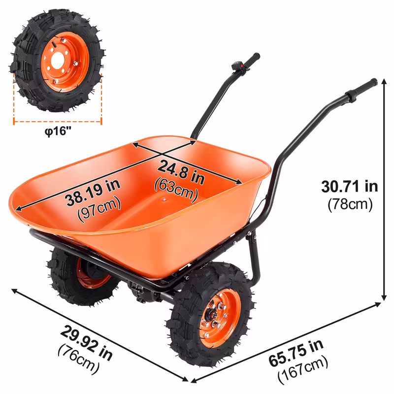 electric wheel cart 500w powered utility garden wagon dump cart 4 5 cu ft load 573 lbs capacity with metal handle 16 two wheel yard cart wagons for lawn Product details 3