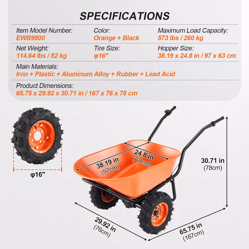 electric wheel cart 500w powered utility garden wagon dump cart 4 5 cu ft load 573 lbs capacity with metal handle 16 two wheel yard cart wagons for lawn Product details 6