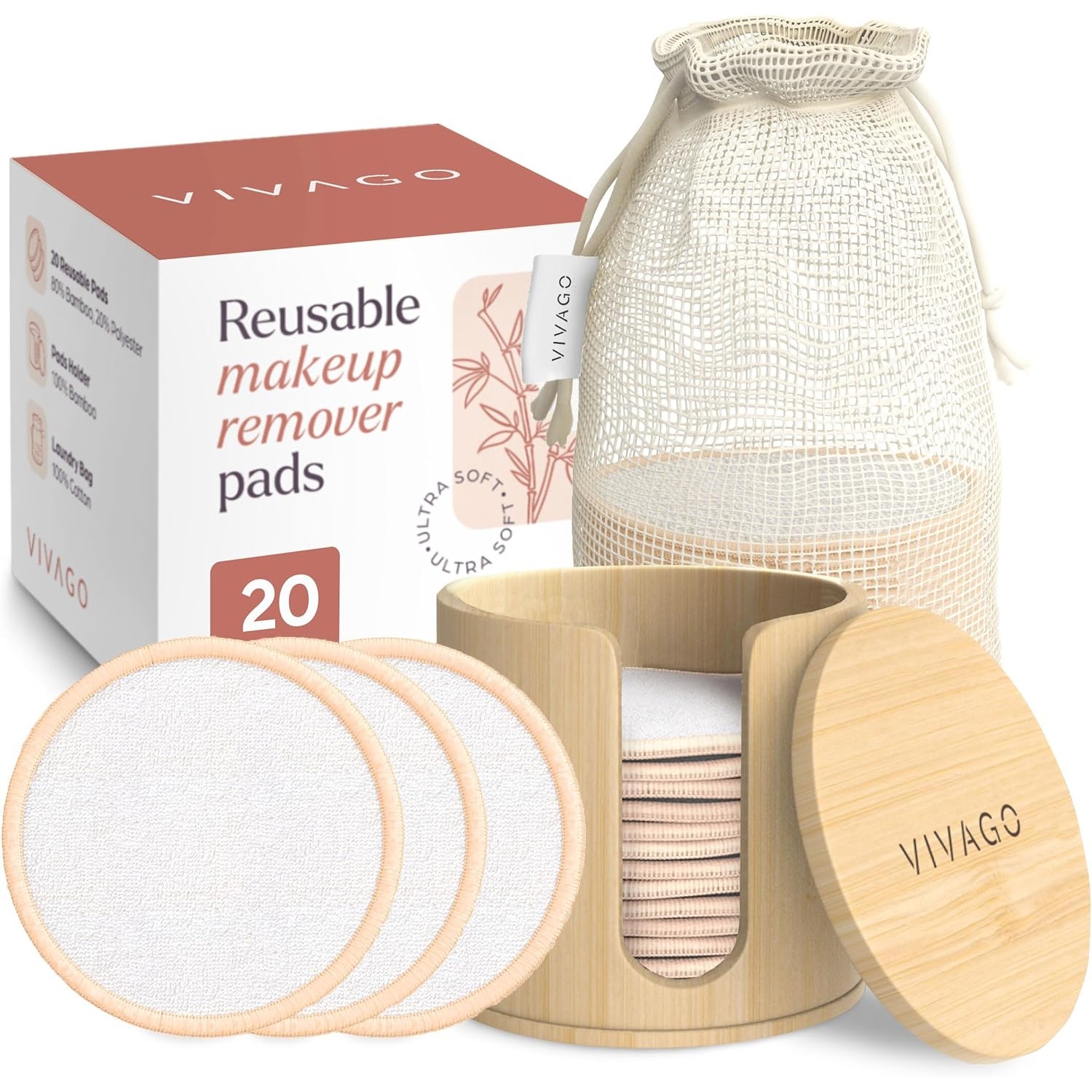 TEMU Reusable Cotton Rounds For Face - (20 Pack) Soft Reusable Makeup Remover Pads With Washable Drawstring Laundry Bag & Bamboo Holder - Type Skincare Set Facial Cleaning Cloth