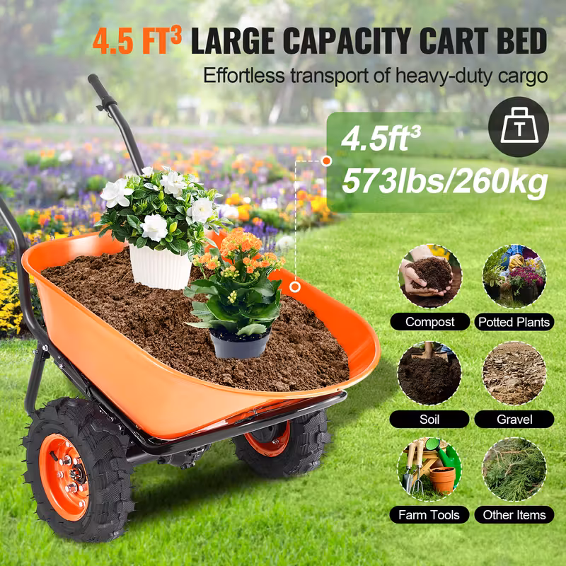 electric wheel cart 500w powered utility garden wagon dump cart 4 5 cu ft load 573 lbs capacity with metal handle 16 two wheel yard cart wagons for lawn Product details 4