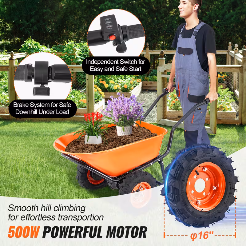 electric wheel cart 500w powered utility garden wagon dump cart 4 5 cu ft load 573 lbs capacity with metal handle 16 two wheel yard cart wagons for lawn Product details 7