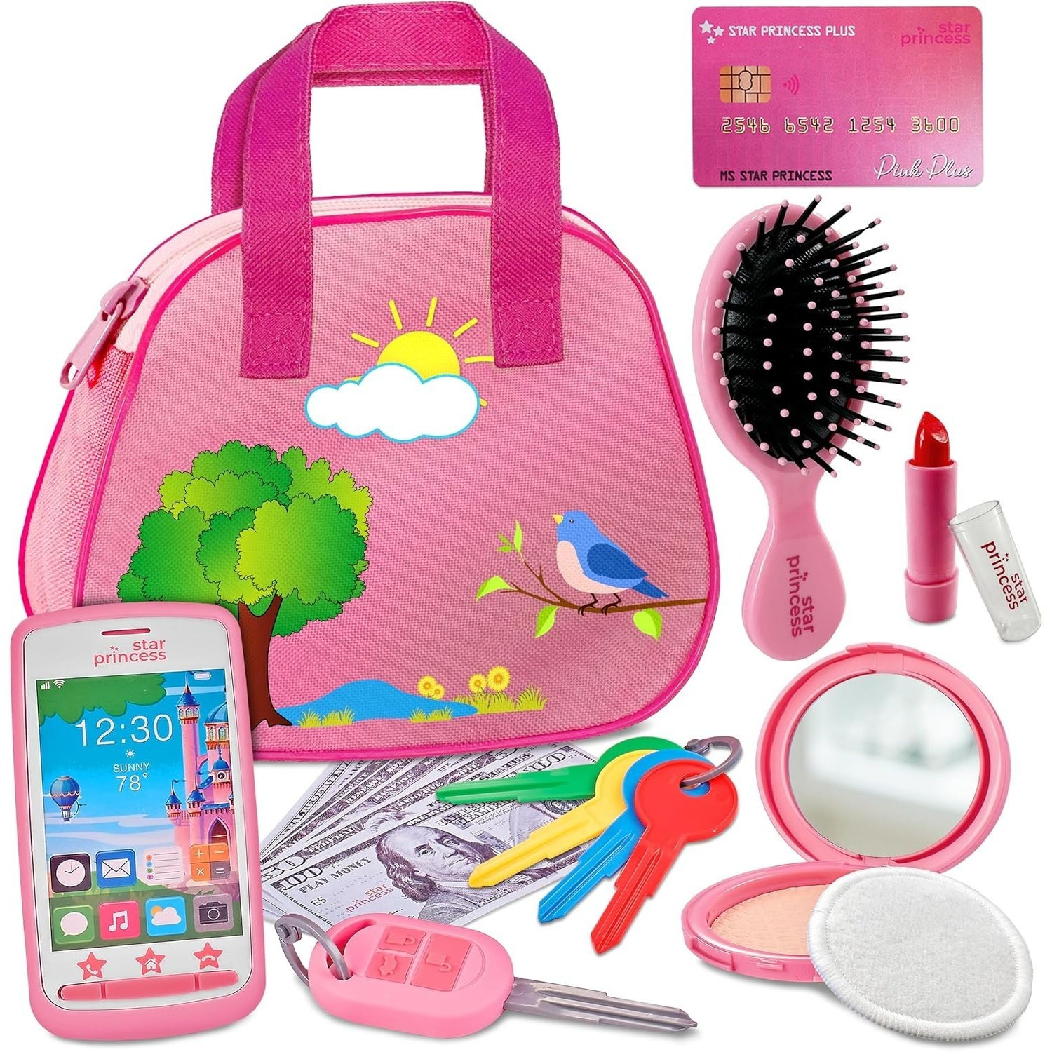BDSHUNBF 13 Pièces Princesse Dress Up Accessoires, Sirène Sac avec Ensemble de Bijoux, Collier Bracelet d'oreilles Clips Bague Pinces à Cheveux Parure, Princesse Parure Bijoux Fille Jeu d'habillage