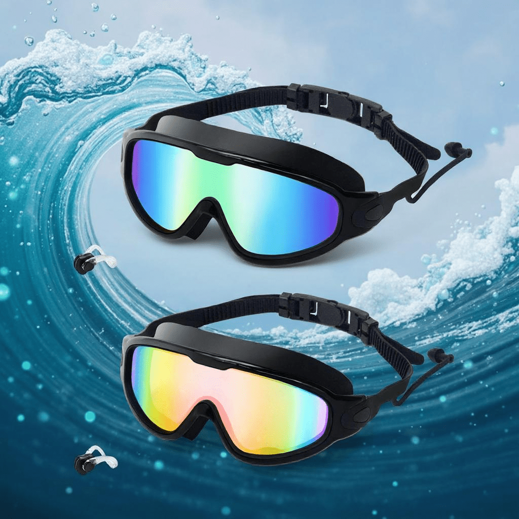 2 packs anti fog swim goggles for adults uv protection leakproof wide lens with adjustable strap   fit   earplugs nose clip black frame for clear  