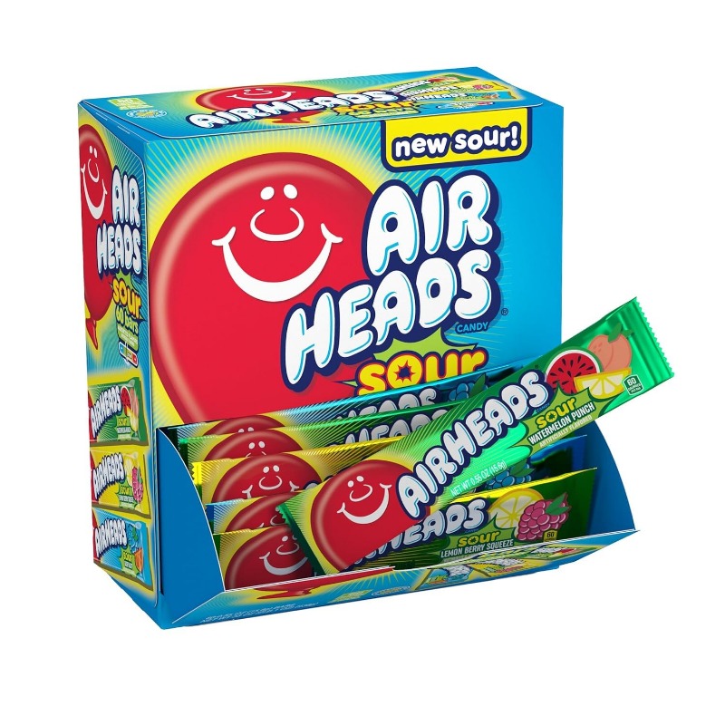 Airheads Sour FullSize Candy Bars Taffy Variety Bulk Box Individually Wrapped Candy Three Assorted Flavors 60 Count Box