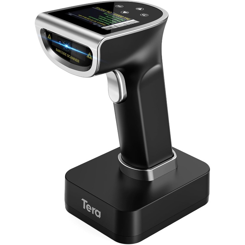 Tera Barcode Scanner Wirel with Screen: Pro Version 1D 2D QR with Digital Setting Keypad Power Switch Charging Cradle Works with Bluetooth 2.4G Wirel Bar Code Reader HW0015 Sier