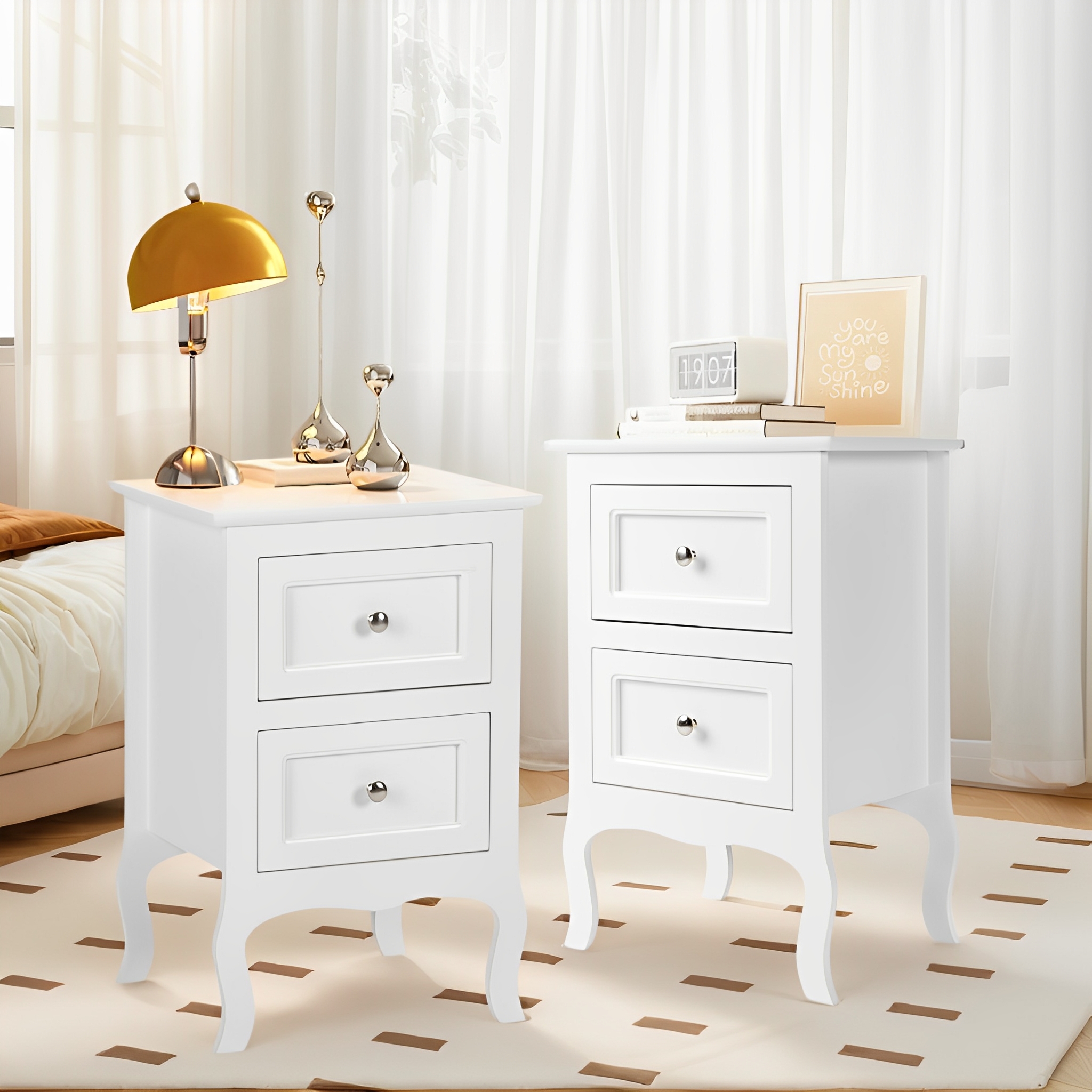 Mid-century Nightstand Set Of 2, Bed Side Table/night Stand With 2 Drawers For Bedroom, Living Room, Wooden End Tables With Curved Legs For Office