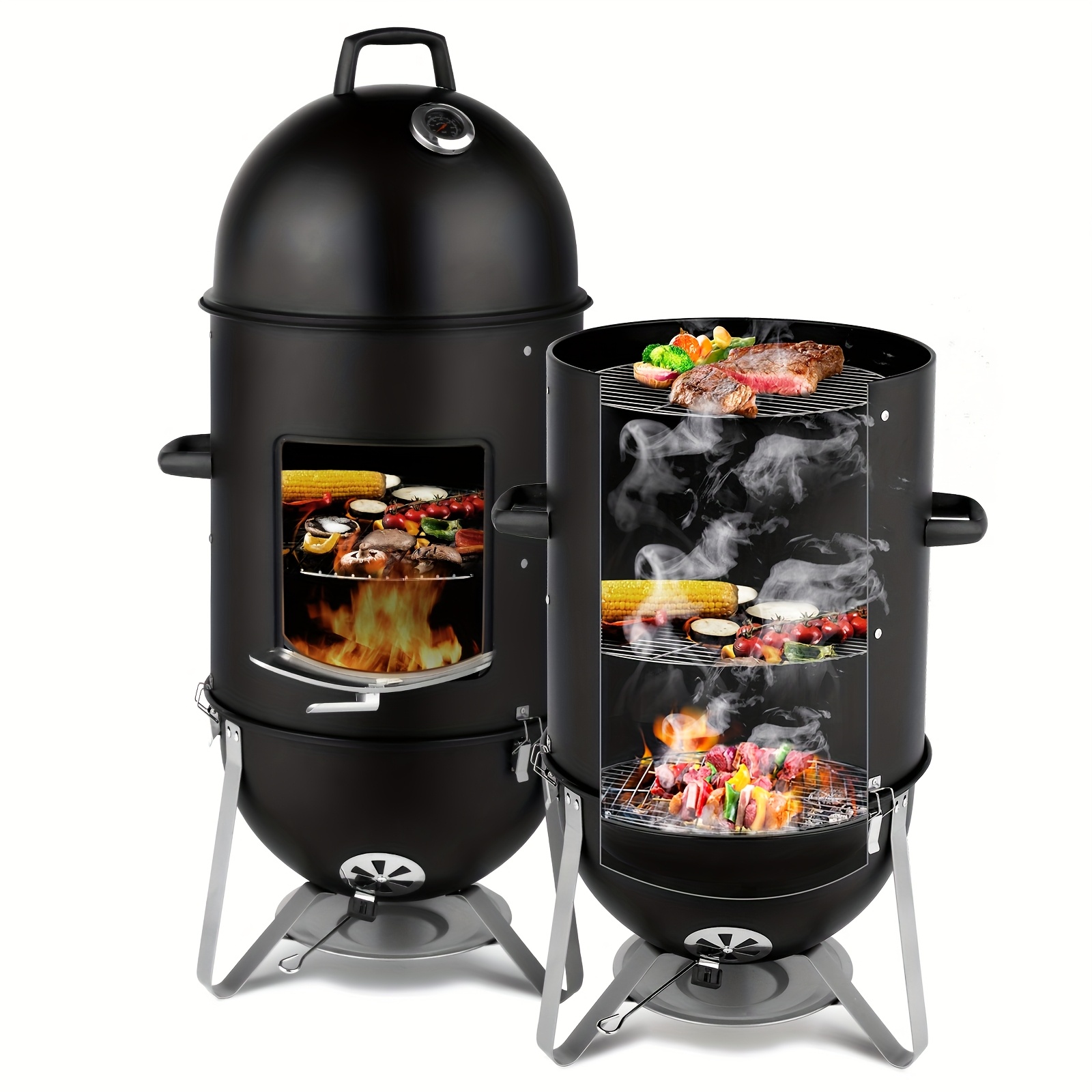 Portable Vertical Charcoal Smoker Grill 3-Tier Design with Ample Cooking Capacity Easy Temperature Control & Durable Construction Ideal for Camping & Outdoor Cooking - Black BBQ Gril
