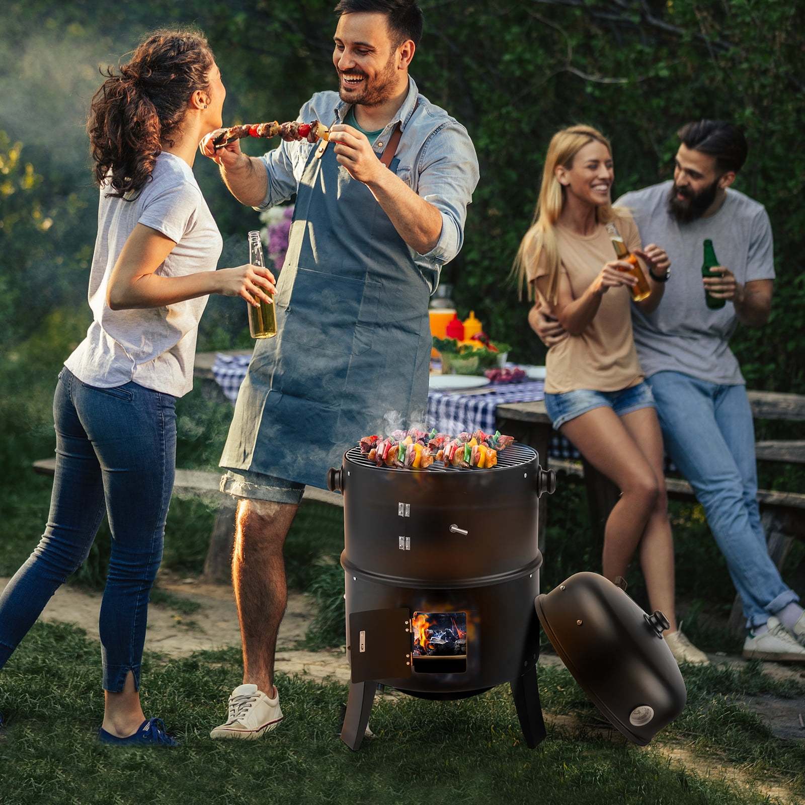 Portable Vertical Charcoal Smoker Grill 3-Tier Design with Ample Cooking Capacity Easy Temperature Control & Durable Construction Ideal for Camping & Outdoor Cooking - Black BBQ Gril