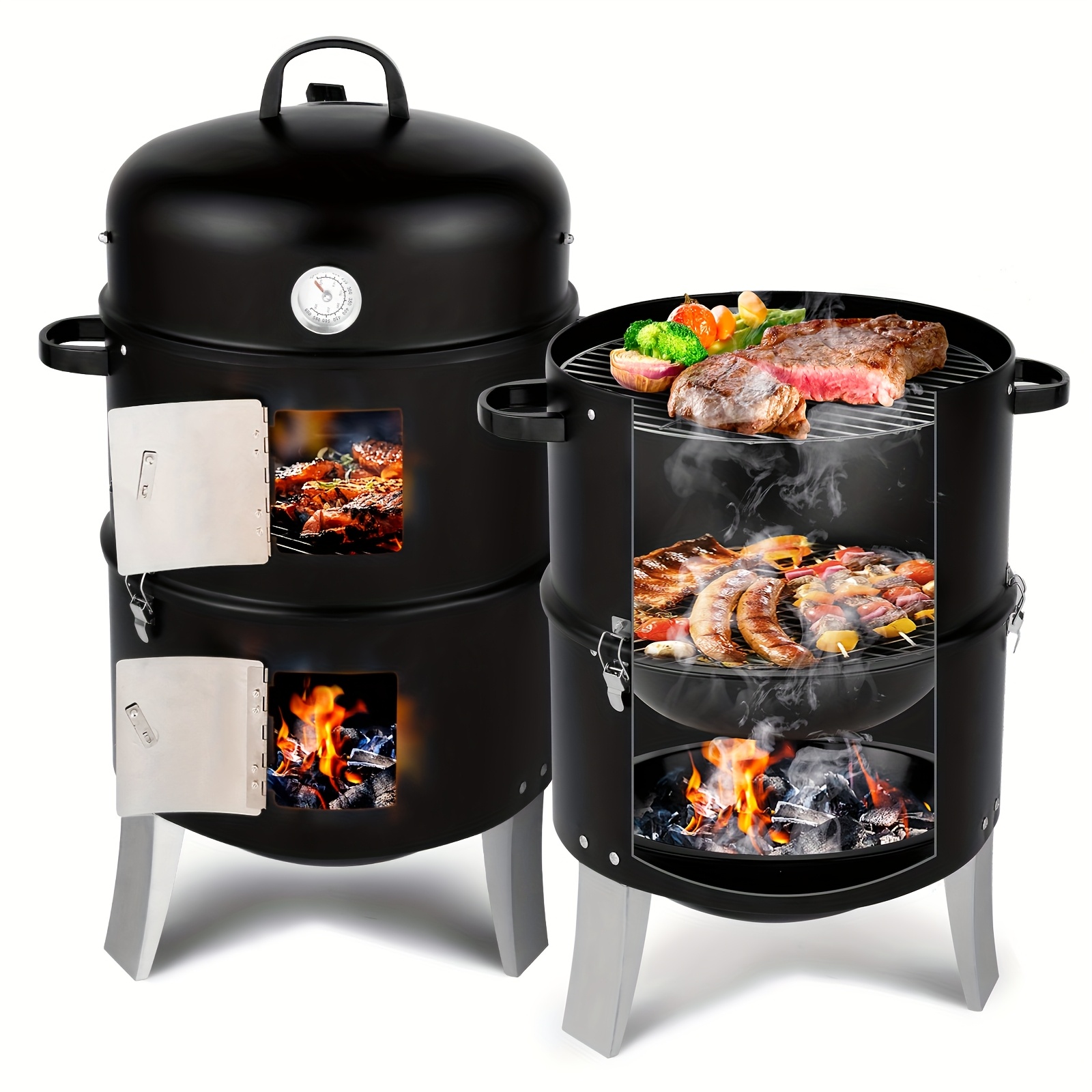 Portable Vertical Charcoal Smoker Grill 3-Tier Design with Ample Cooking Capacity Easy Temperature Control & Durable Construction Ideal for Camping & Outdoor Cooking - Black BBQ Gril