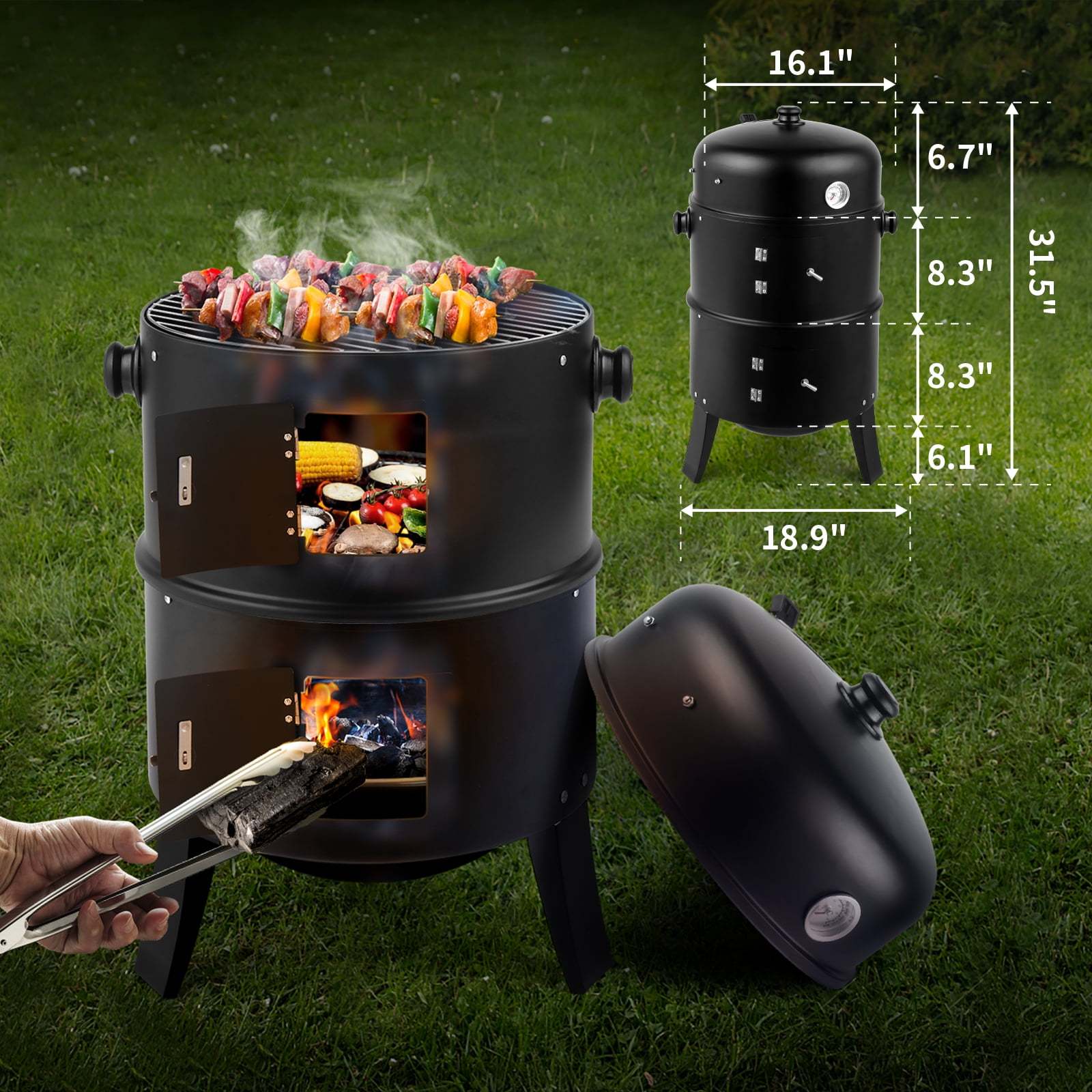 Portable Vertical Charcoal Smoker Grill 3-Tier Design with Ample Cooking Capacity Easy Temperature Control & Durable Construction Ideal for Camping & Outdoor Cooking - Black BBQ Gril