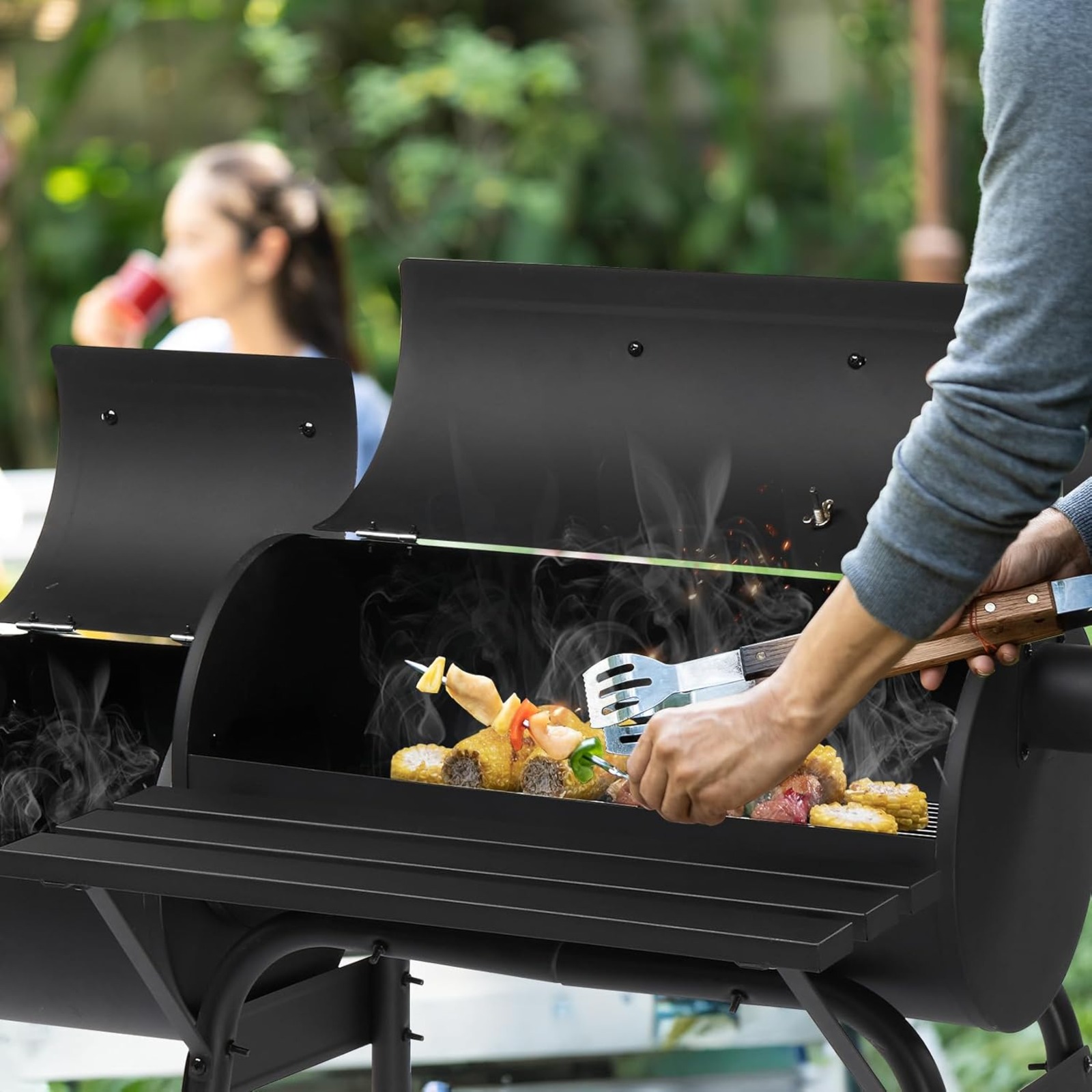 VINGLI Barrel Charcoal Grill with Offset Smoker, Large BBQ Outdoor Smoker Grill with Wheels for Party Garden Patio and Backyard Cooking