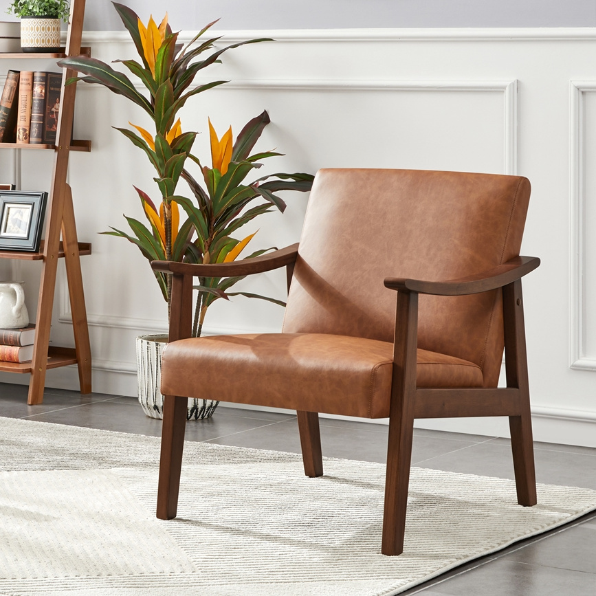 TEMU Modern Armchair With Solid Wood Legs, Upholstered Accent Chair For Bedroom/living Room/guestroom, In Leather Or Boucle Fabric
