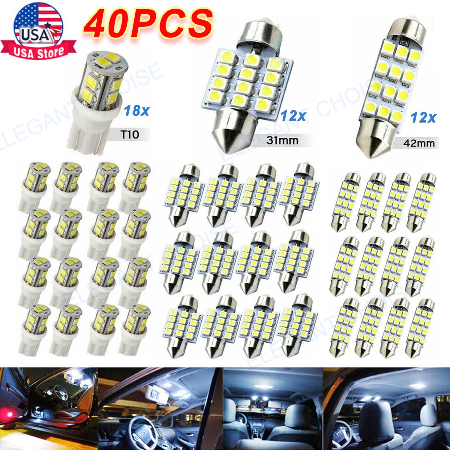 TEMU 40pcs Car Led Combination Set 12v-t10 Width Indicator Dual Pointed Reading Light,car Interior Combination Led Map Door Dash Gauge Instrument , White