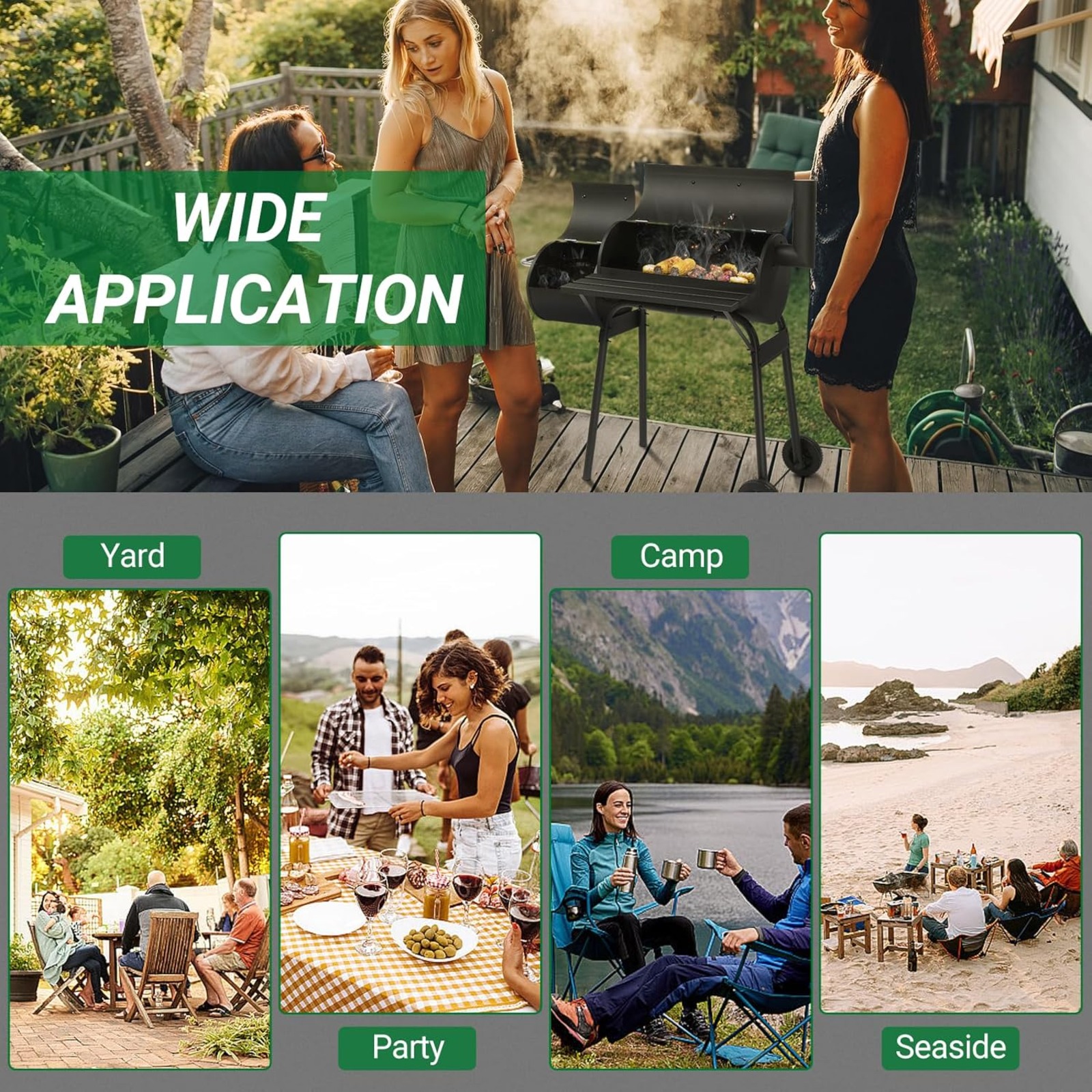 VINGLI Barrel Charcoal Grill with Offset Smoker, Large BBQ Outdoor Smoker Grill with Wheels for Party Garden Patio and Backyard Cooking