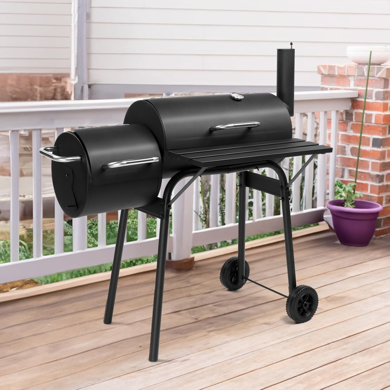 VINGLI Barrel Charcoal Grill with Offset Smoker, Large BBQ Outdoor Smoker Grill with Wheels for Party Garden Patio and Backyard Cooking