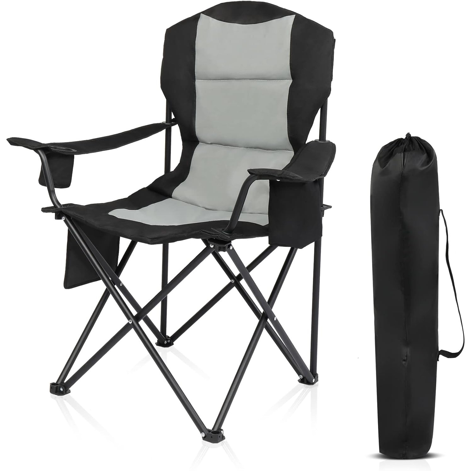 Bonnlo Heavy Duty Folding Camping Chair With Cooler Cup Holder Side Pocket Portable Padded Oxford Fabric Lawn Chairs For Adults Carry Bag Supports 400lbs