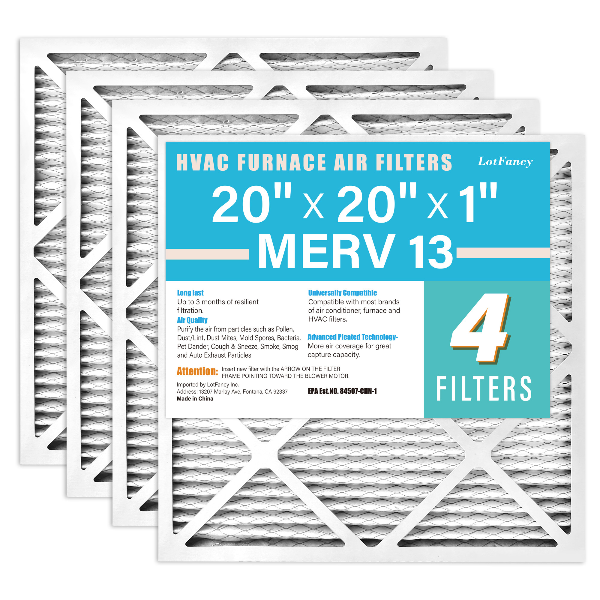 TEMU 20"x20"x1" Merv 13 Air Filter Pleated Hvac Furnace Air Filters, 4 Pack, Replacement Filter