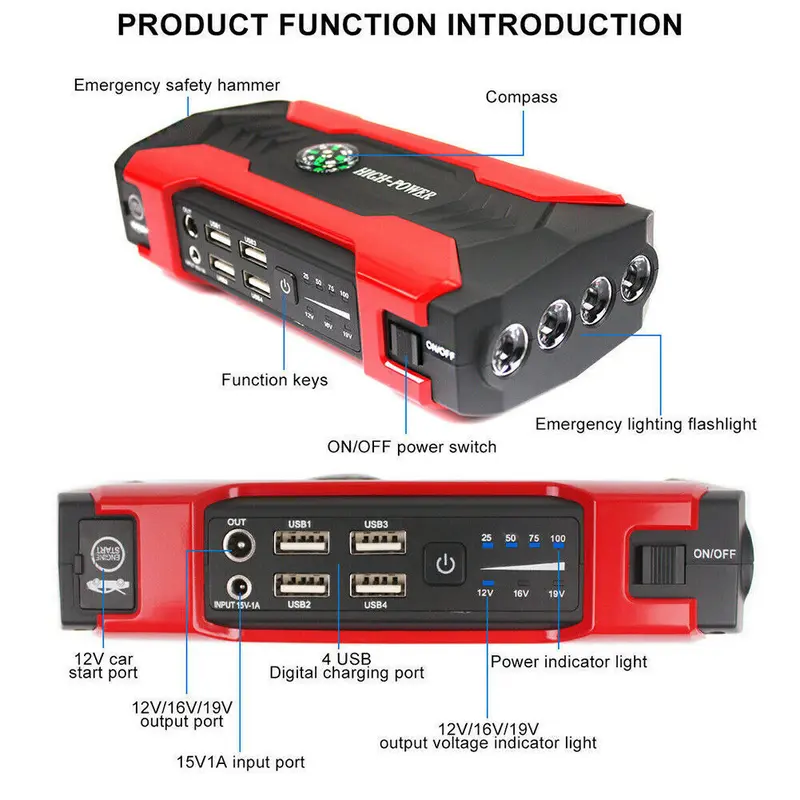 99800mah car jump starter power bank 1200a booster for trucks laptops phones with window hammer emergency flashlight Product details 4