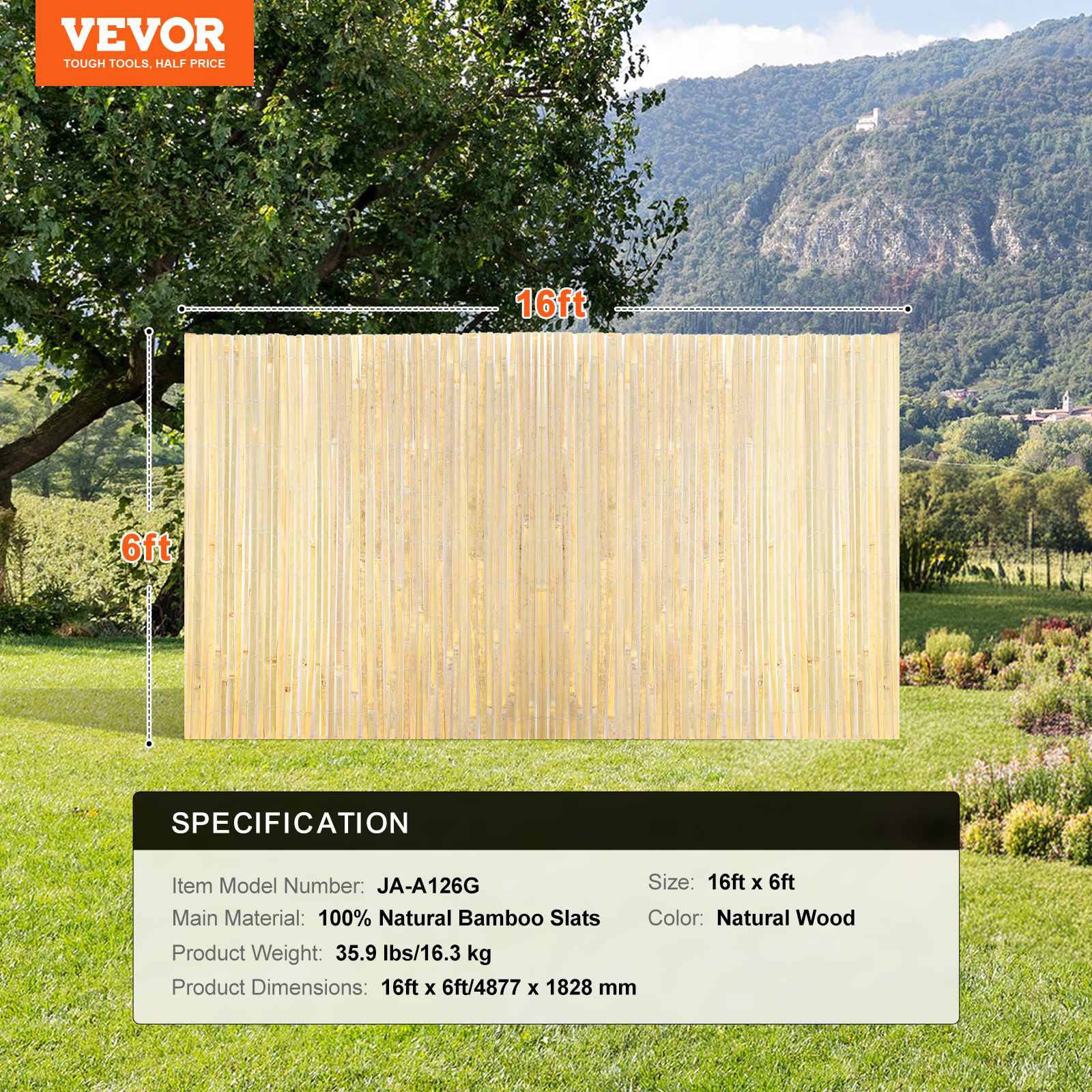 VEVOR Natural Bamboo Slat Screening Privacy Bamboo Slat Fence 6 ft H x 13/16 ft L