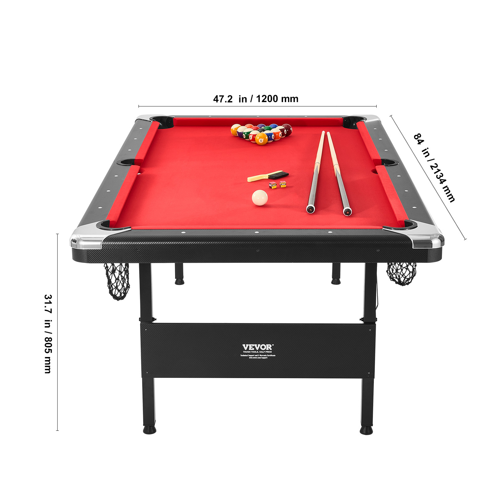 VEVOR Billiards Table, 7 ft Pool Table, Portable Foldable Space-Saving Table, Billiard Table Set Includes Balls, Cues, Chalks and Brush, Black with Red Cloth, Perfect for Family Game Room Kids Adults