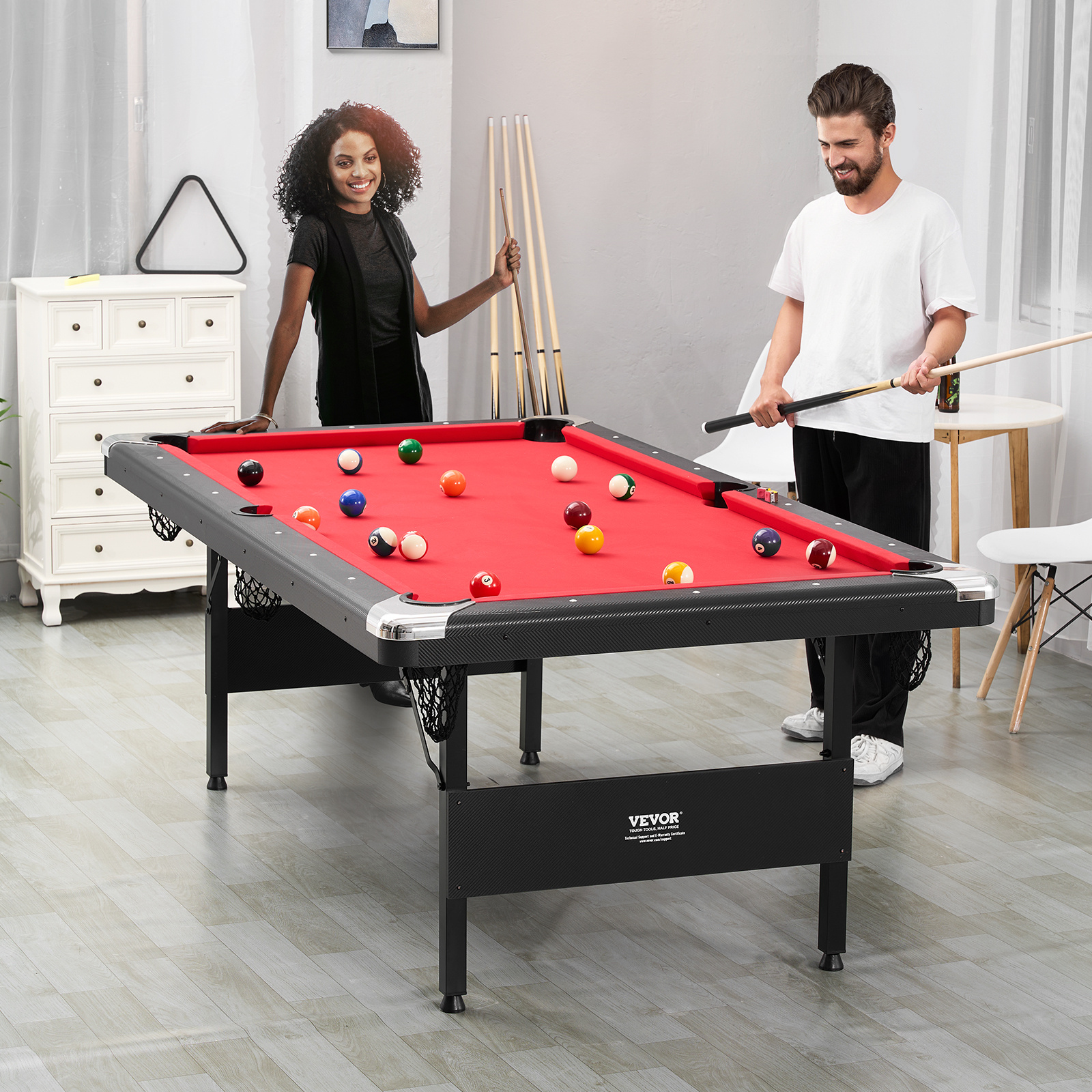 VEVOR Billiards Table, 7 ft Pool Table, Portable Foldable Space-Saving Table, Billiard Table Set Includes Balls, Cues, Chalks and Brush, Black with Red Cloth, Perfect for Family Game Room Kids Adults
