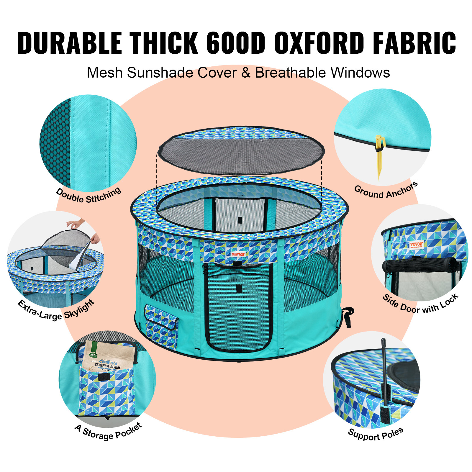   foldable pet playpen 44 x 44 x 24 portable dog playpen crate kennel for   cat waterproof 600d oxford cloth removable zipper for indoor outdoor travel camping round l