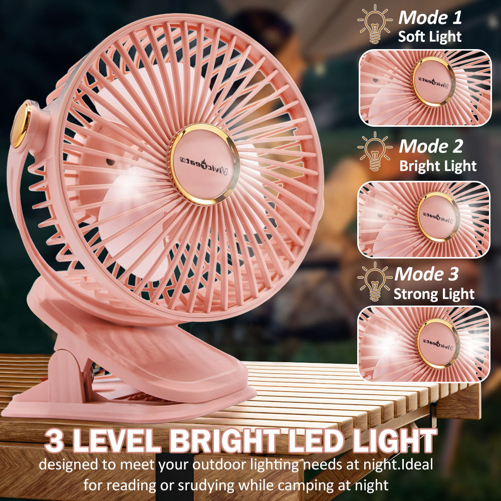 TEMU [portable Desktop Camping Fan] 5-speed , Usb Rechargeable Battery Operated With Atmosphere Light Rotate Strong Airflow- Sturdy Clamp For Tents Camping Gear For Fishing Beach Travel Gift