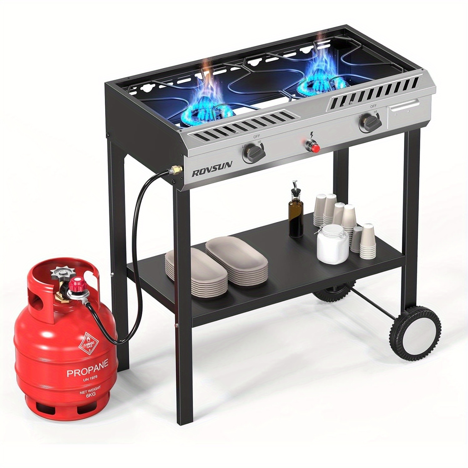 2 Burner Outdoor Propane Gas Stove with Auto-ignition, Regulator & Shelf, 150, 000 BTU Powerful Stand Cooker for Backyard Patio Cooking Home Brewing Canning Turkey Frying