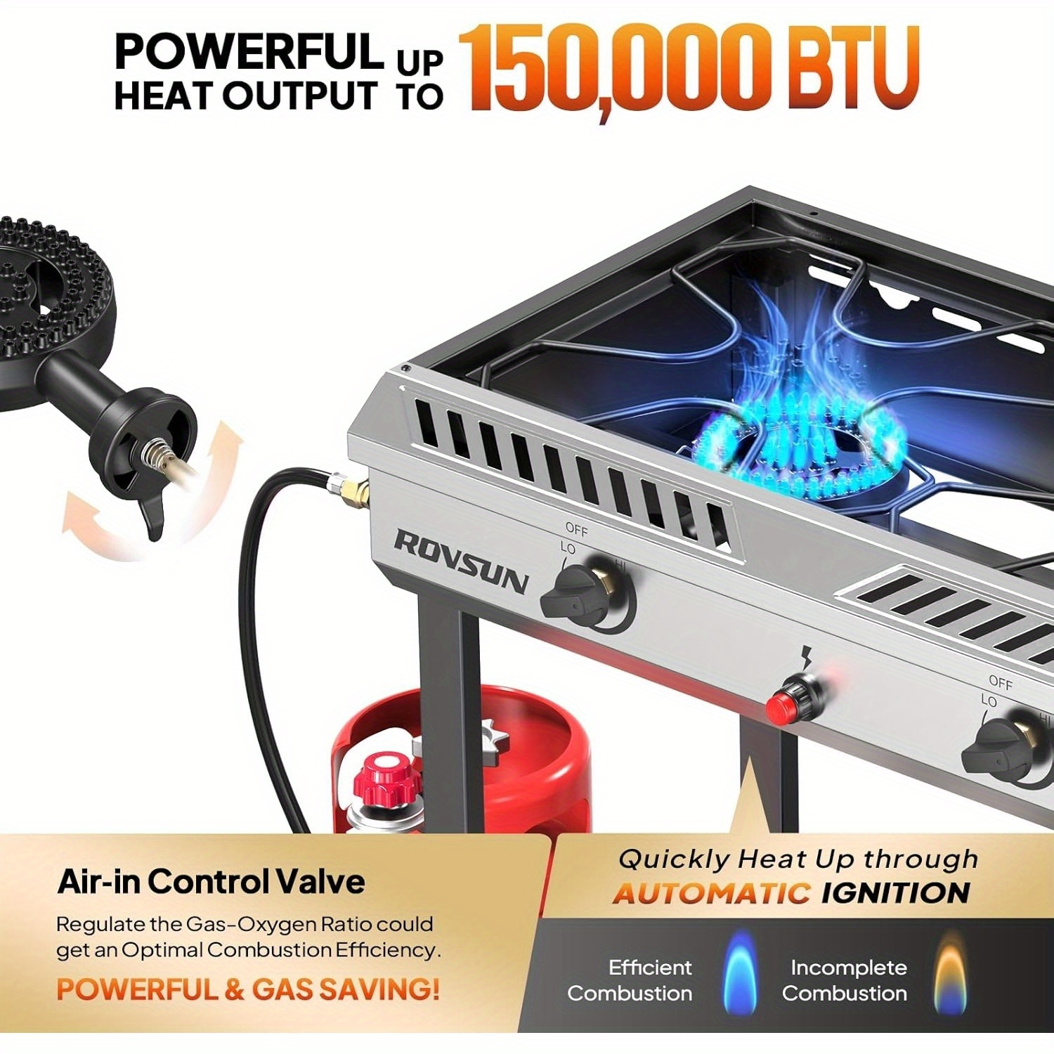 2 Burner Outdoor Propane Gas Stove with Auto-ignition, Regulator & Shelf, 150, 000 BTU Powerful Stand Cooker for Backyard Patio Cooking Home Brewing Canning Turkey Frying